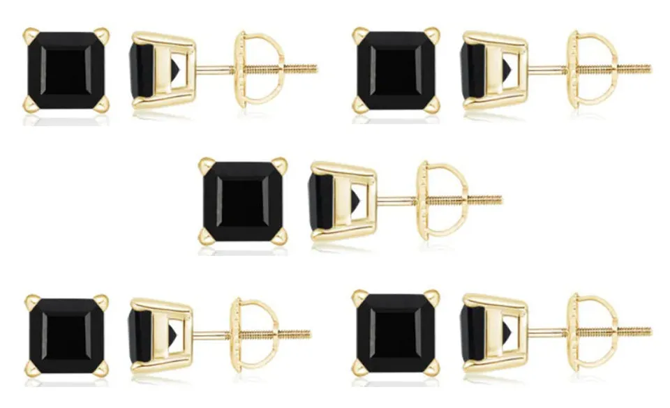 10k Yellow Gold Plated Created Black Sapphire 1Carat Square Cut Pack of Five Stud Earrings