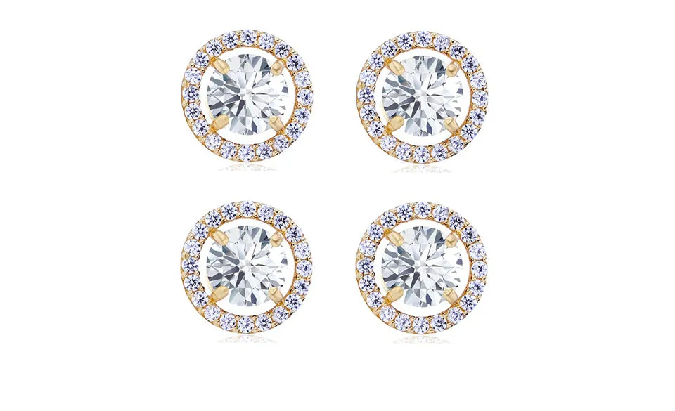 14k Yellow Gold Plated 6mm 1/2Ct Round White Sapphire Set Of Two Halo Stud Earrings