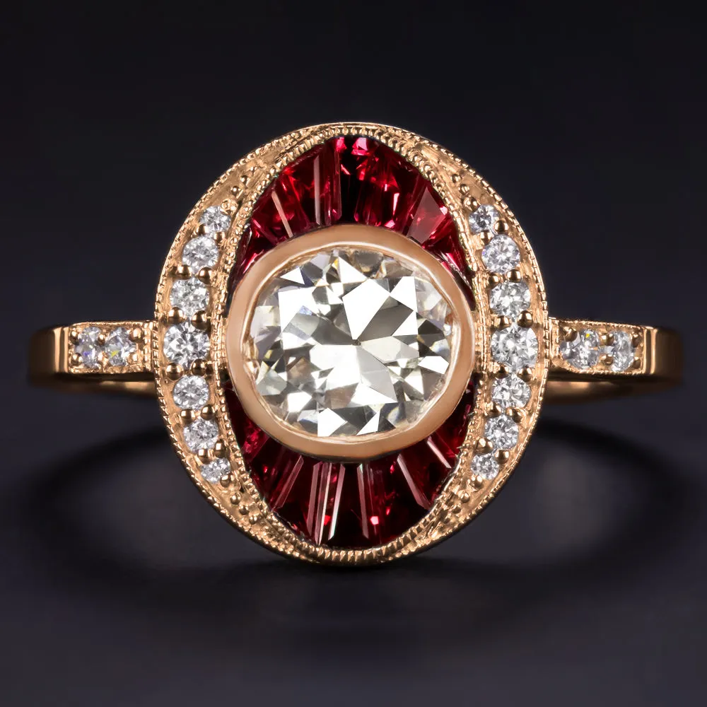 1.59ct OLD EUROPEAN CUT DIAMOND RUBY COCKTAIL RING 14k ROSE GOLD VINTAGE STYLE
