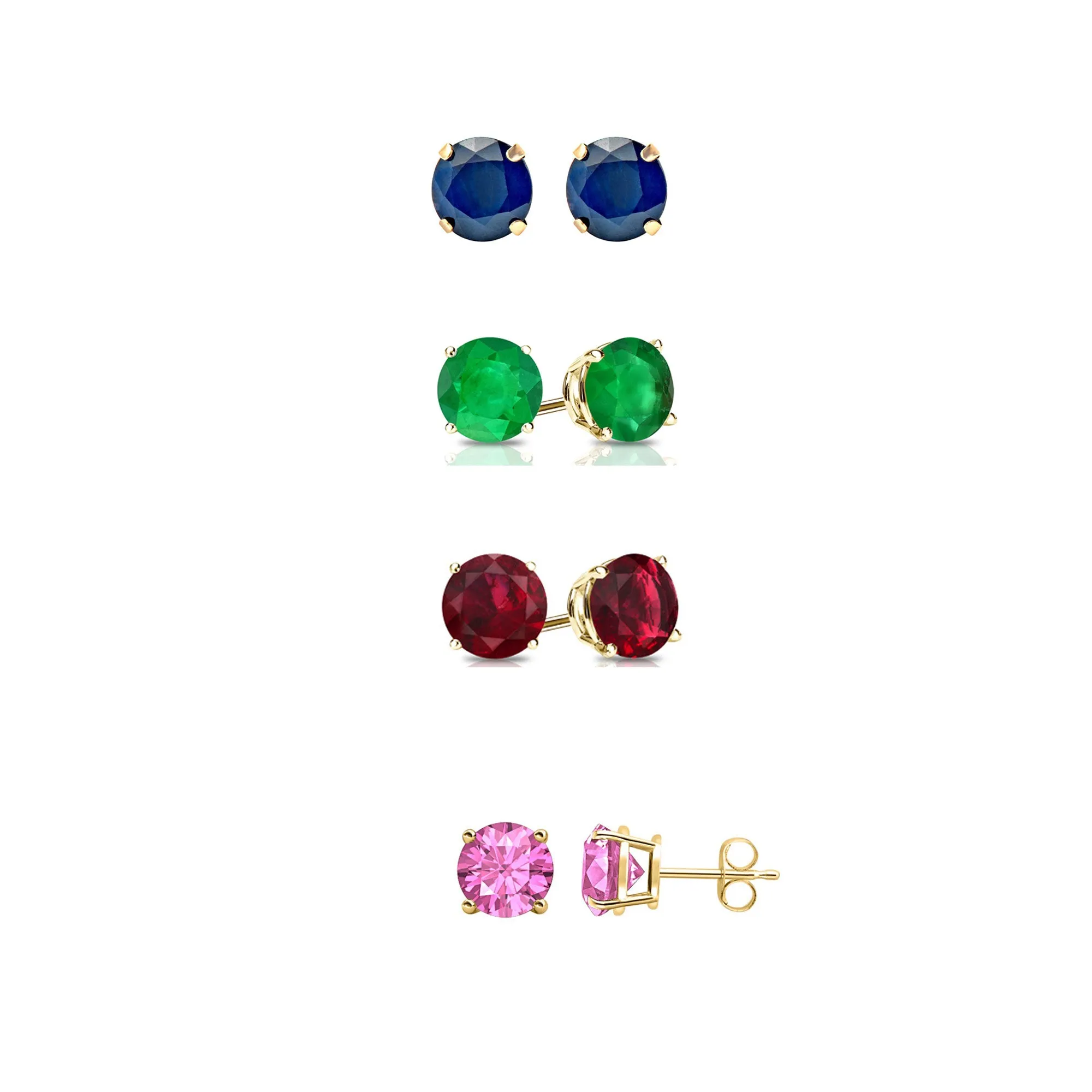 18k Yellow Gold Plated 2Ct Created Blue Sapphire, Emerald, Ruby and Pink Sapphire 4 Pair Round Stud Earrings
