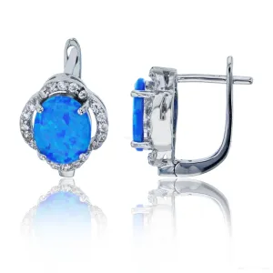 Bijoux Du Soleil Sterling Silver Rhodium Oval Created Blue Opal & White CZ Clover Latchback Huggie Earrings - 9x7mm