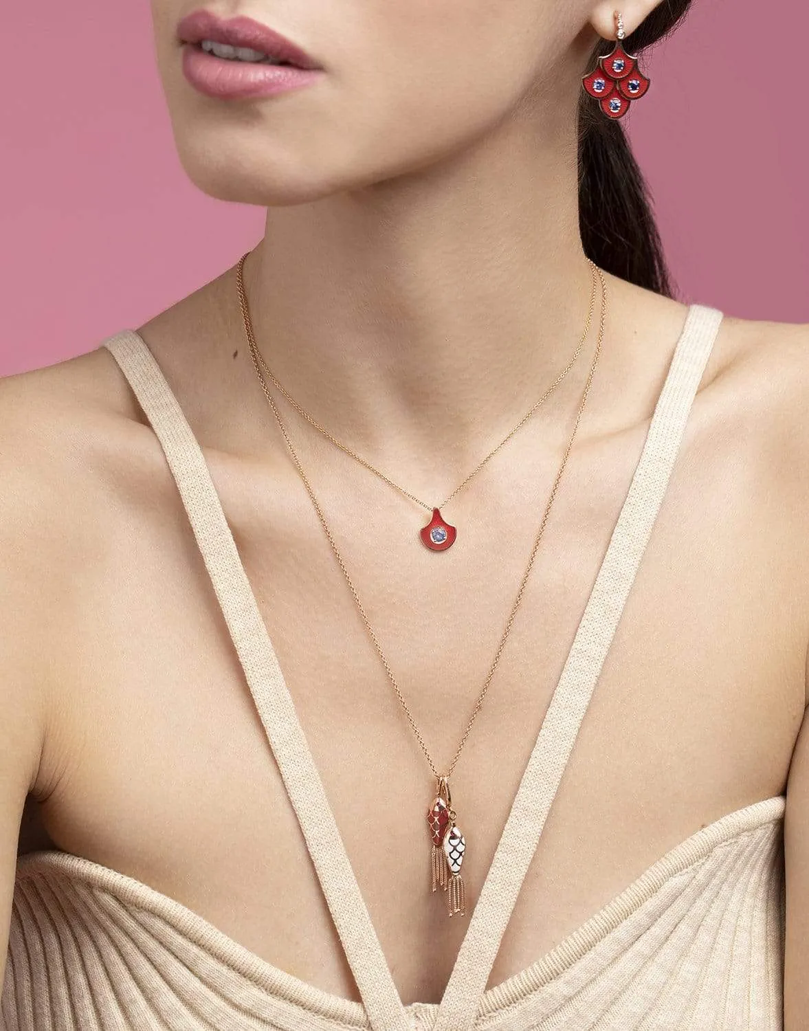 Blue Sapphire and Coral Enamel Necklace