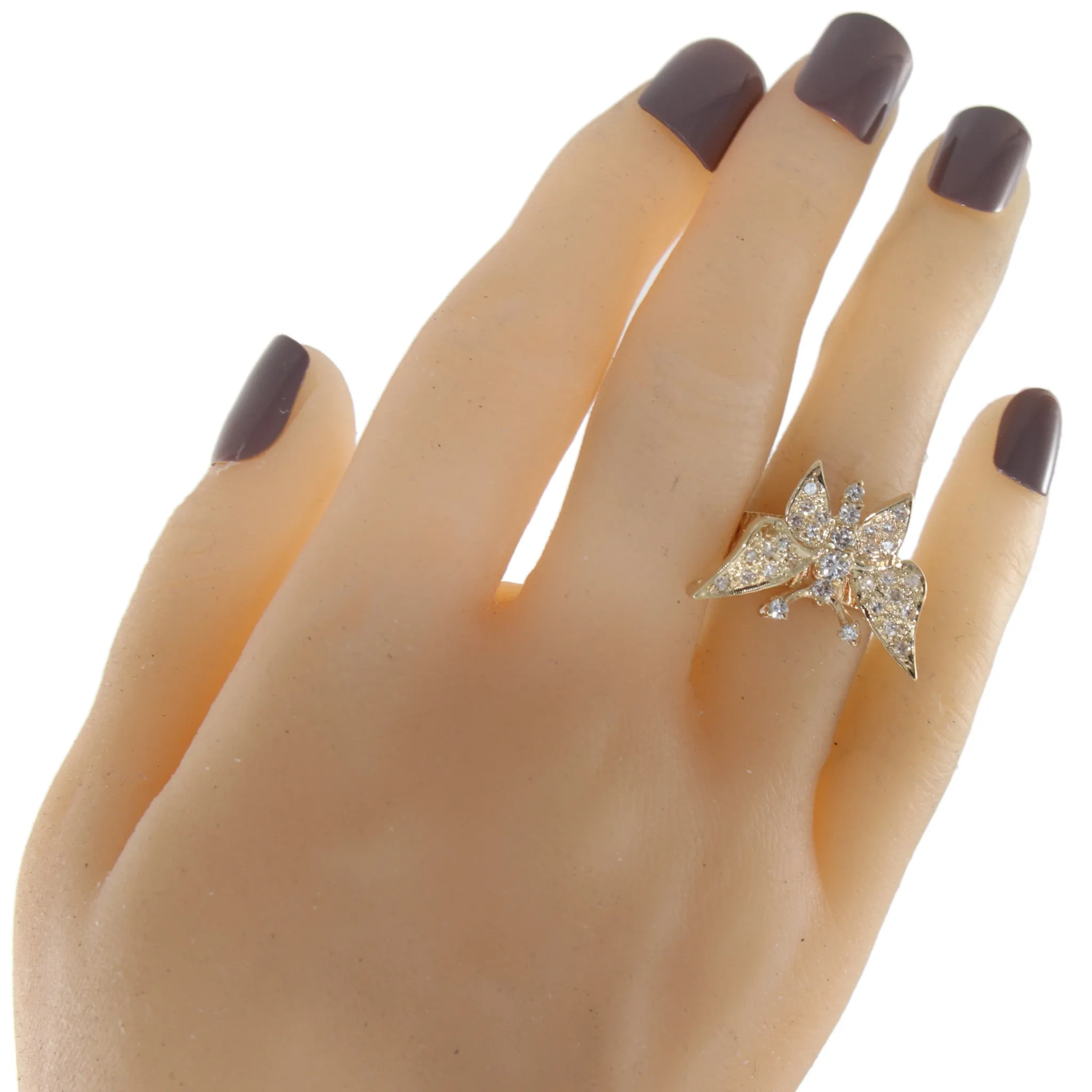 Butterfly Diamond Cocktail Ring Rare Tree Bark Finish 14k Yellow Gold Vintage