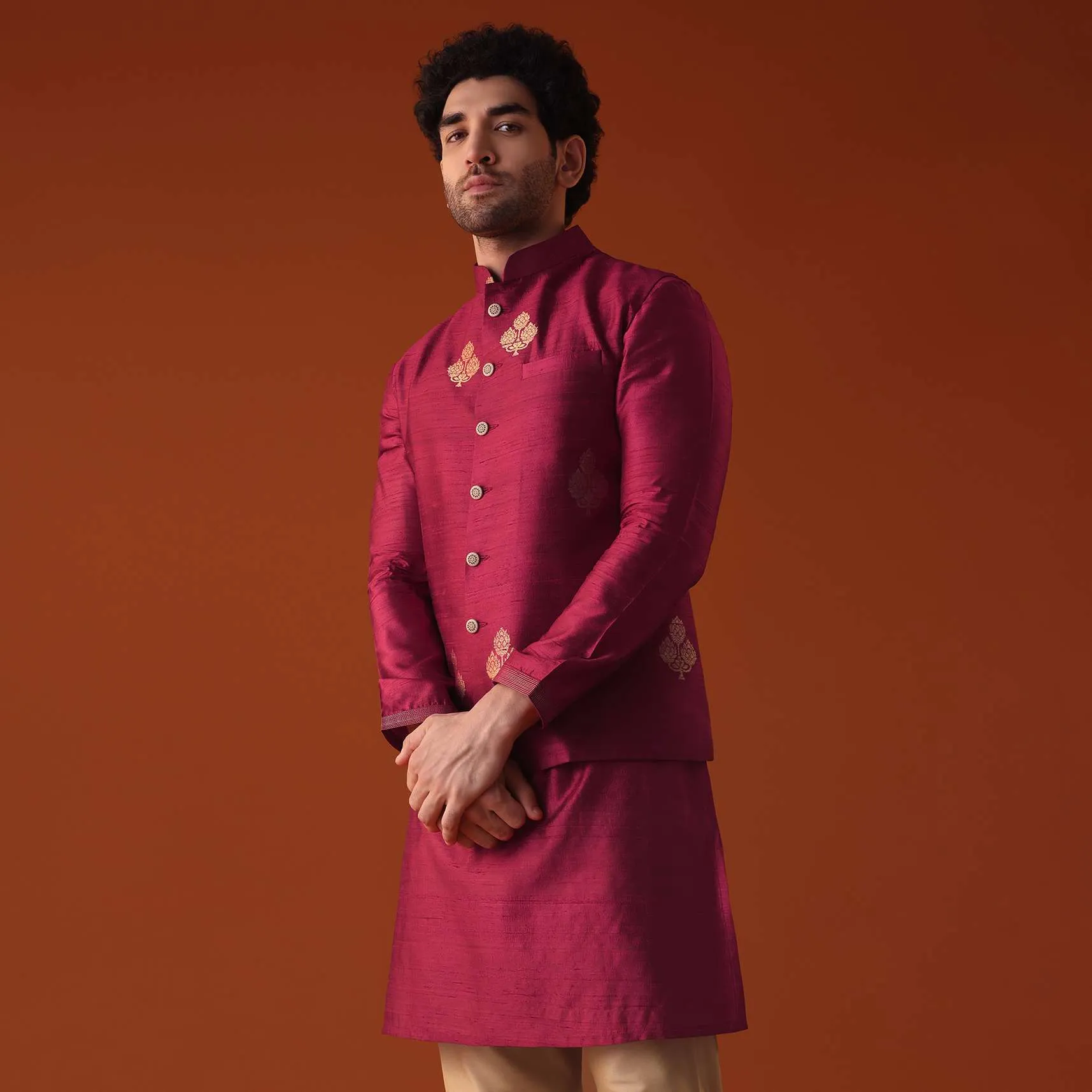 Carmine Red Jacket Kurta Set In Dupion Silk With Golden Floral Motifs