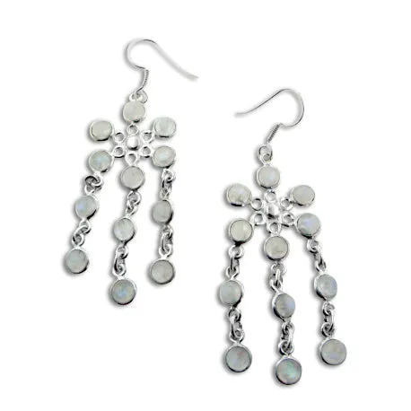 Cascading Rainbow Moonstone Flower Chandelier Sterling Silver Earrings