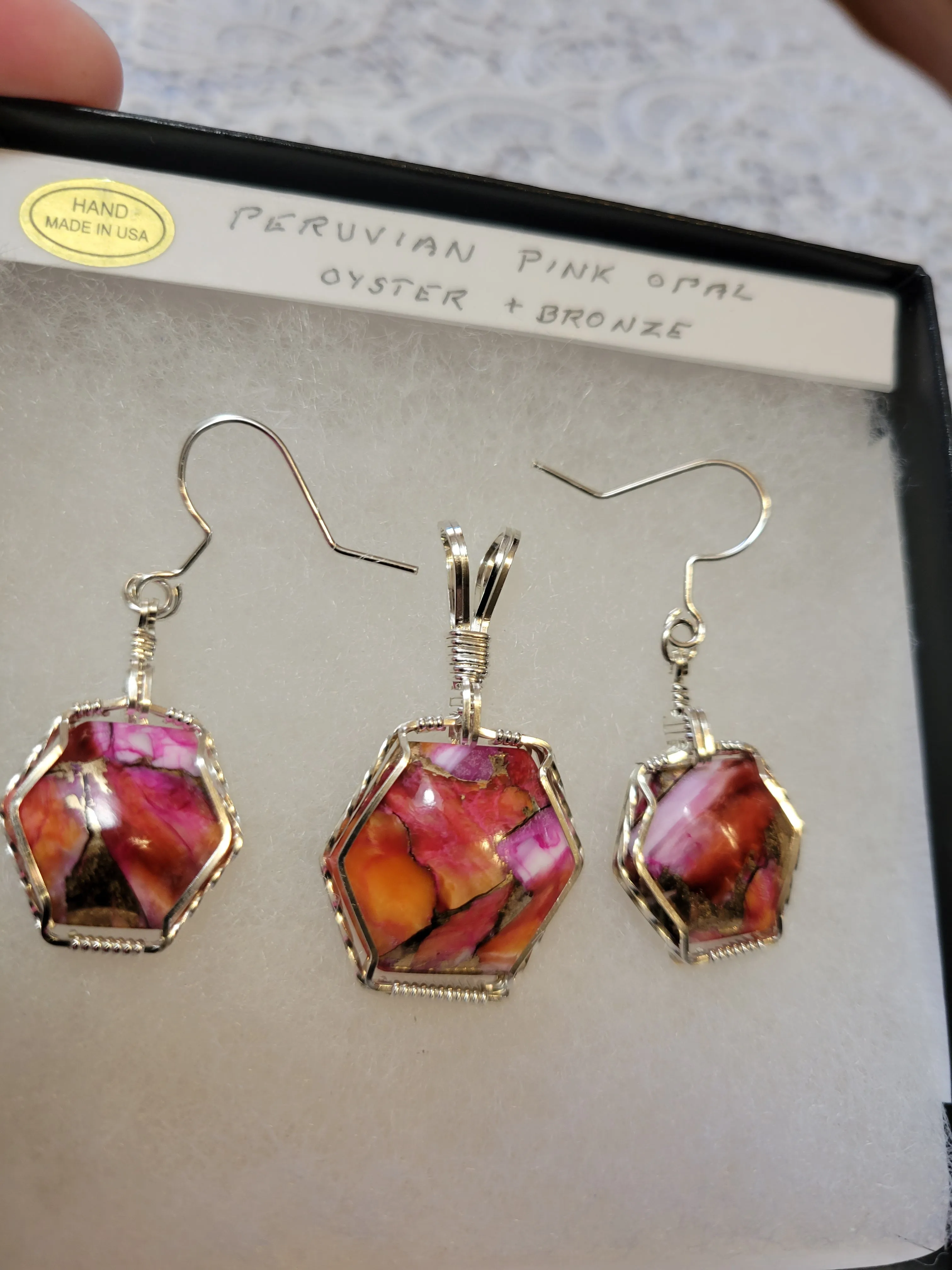 Custom Wire Wrapped Peruvian Pink Opal Spiny Oyster & Bronze Set: Earring, Necklace/Pendant Sterling Silver
