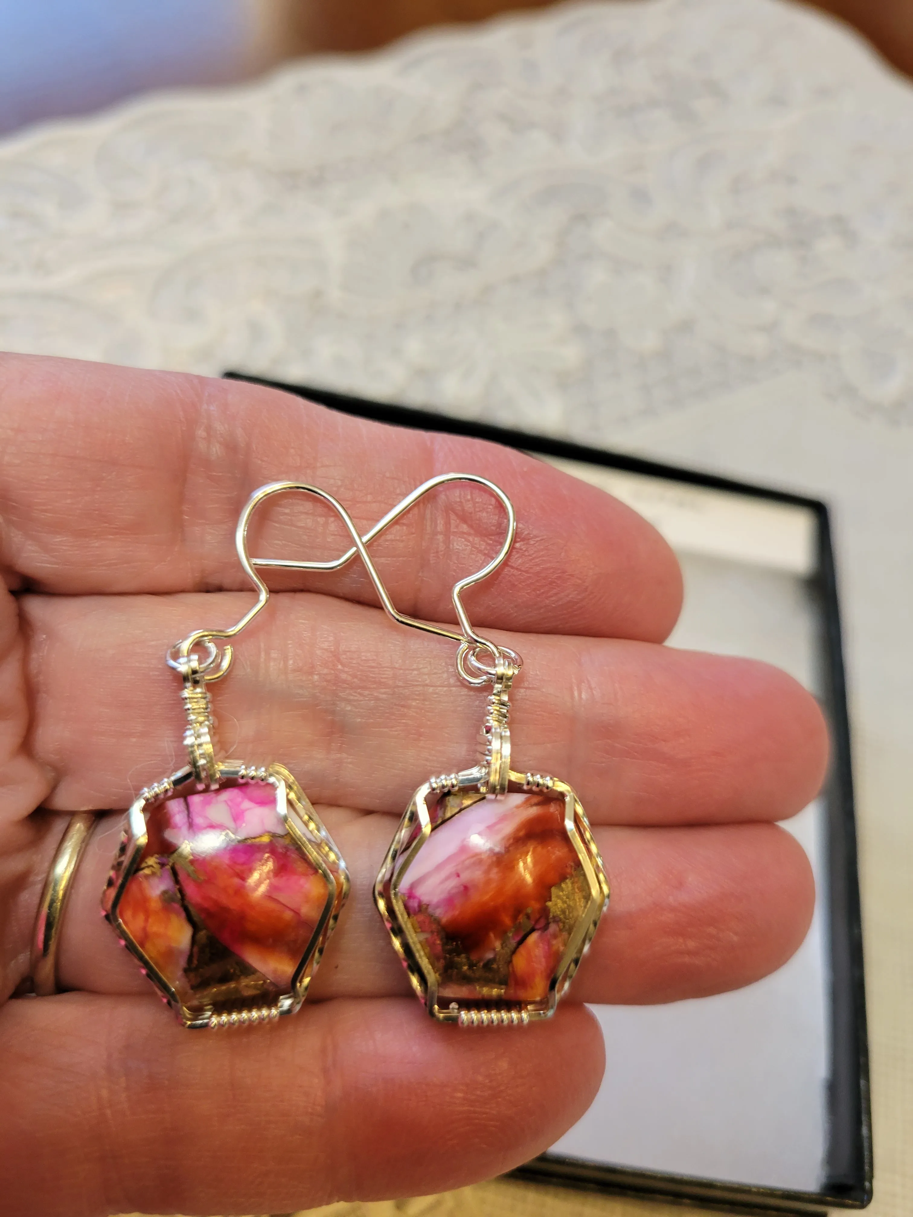 Custom Wire Wrapped Peruvian Pink Opal Spiny Oyster & Bronze Set: Earring, Necklace/Pendant Sterling Silver