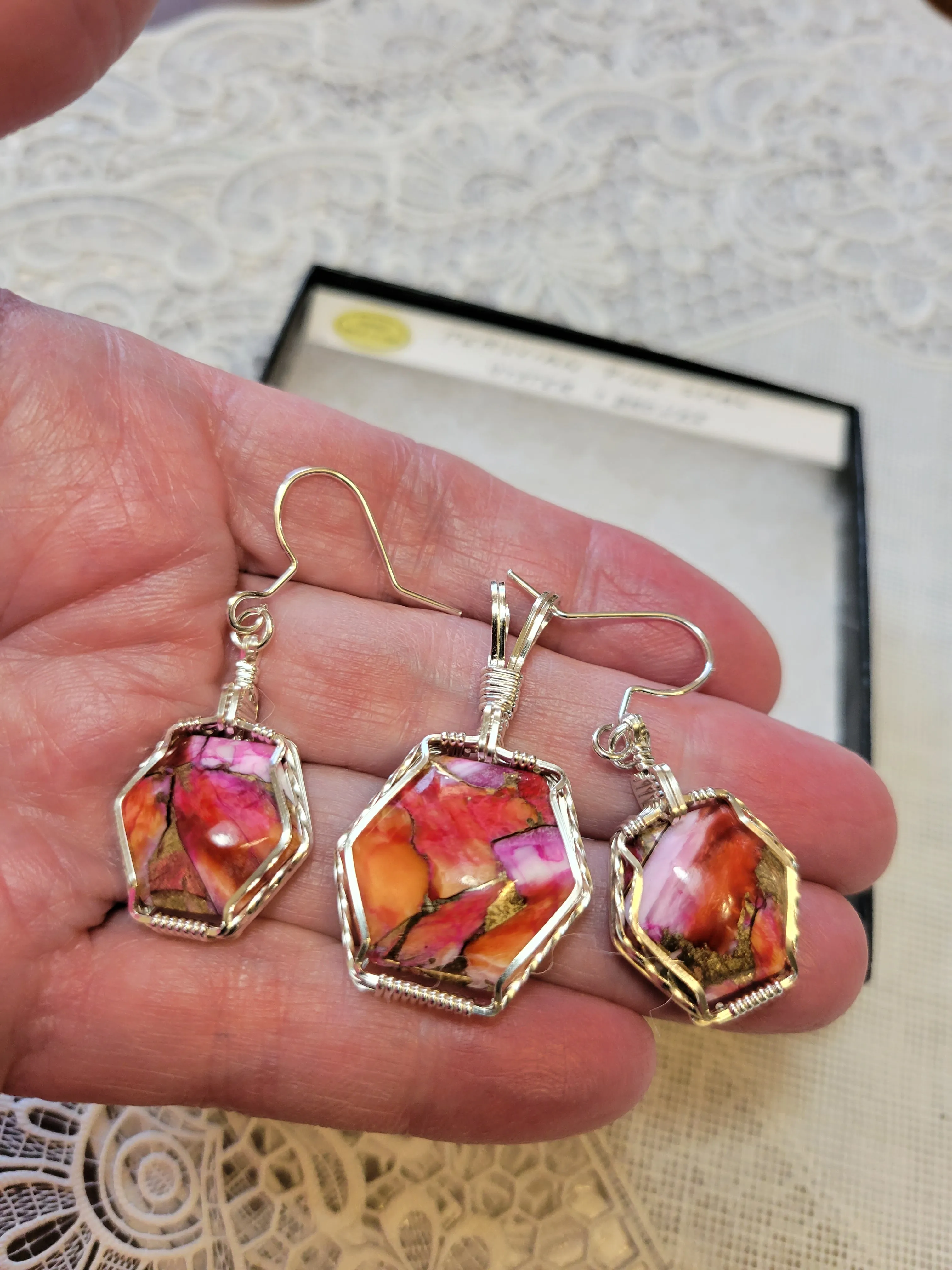 Custom Wire Wrapped Peruvian Pink Opal Spiny Oyster & Bronze Set: Earring, Necklace/Pendant Sterling Silver