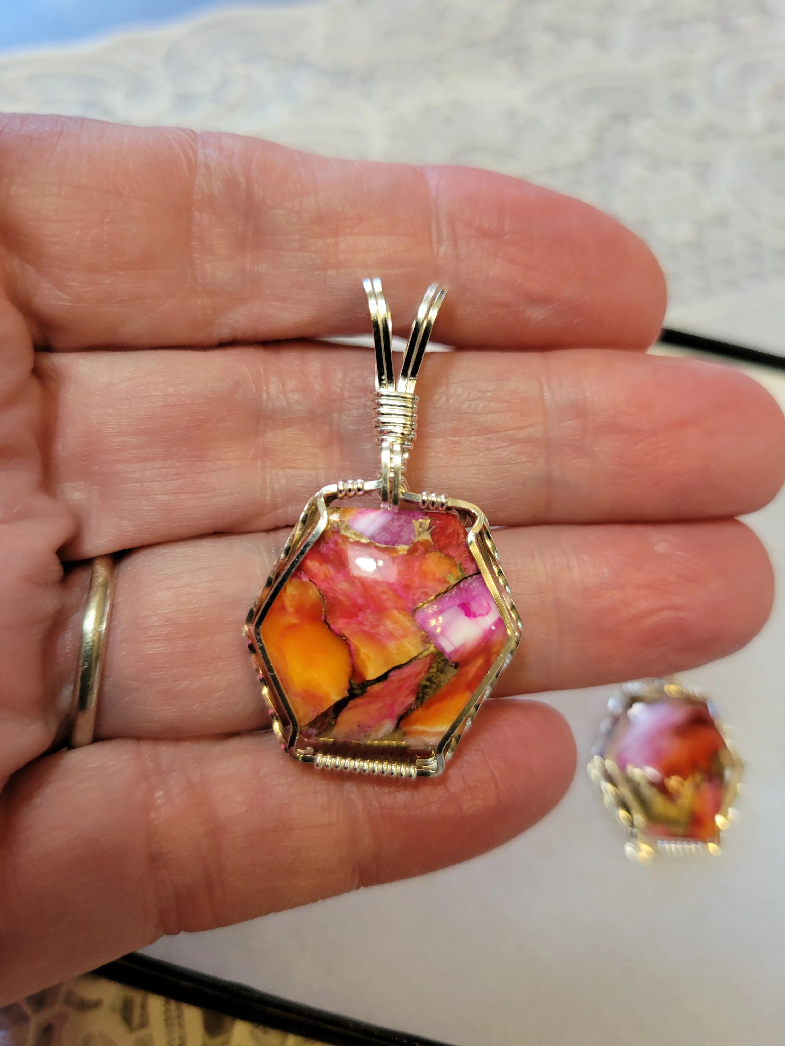 Custom Wire Wrapped Peruvian Pink Opal Spiny Oyster & Bronze Set: Earring, Necklace/Pendant Sterling Silver