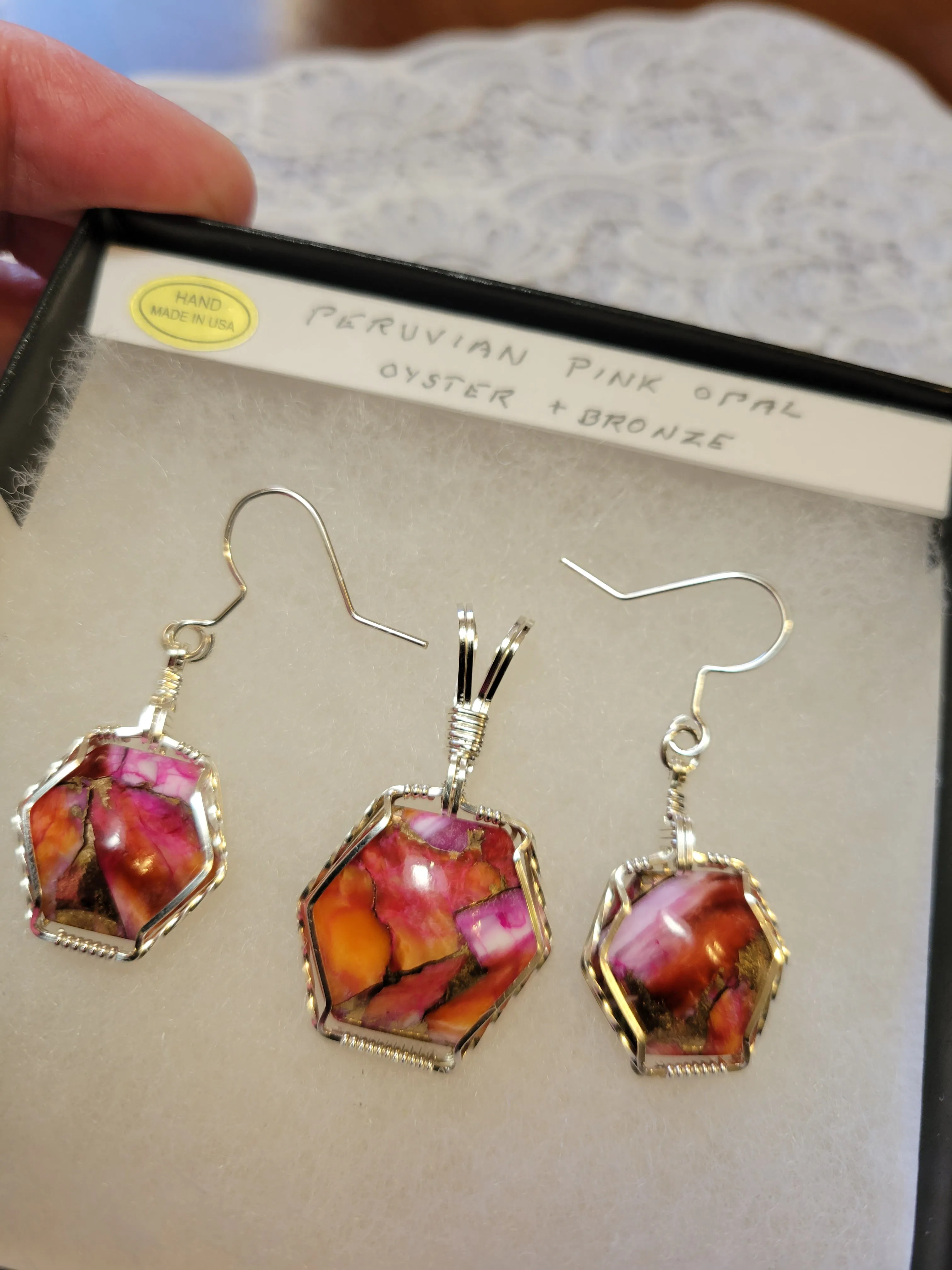 Custom Wire Wrapped Peruvian Pink Opal Spiny Oyster & Bronze Set: Earring, Necklace/Pendant Sterling Silver