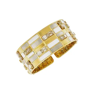 Etho Maria Hand-Carved Ceramic Yellow Gold and Platinum Brown Diamond Checkered Mosaic Cuff Bracelet