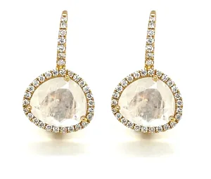 Faceted Moonstone and Diamond Halo Yellow Gold Lever Back Drop Earrings
