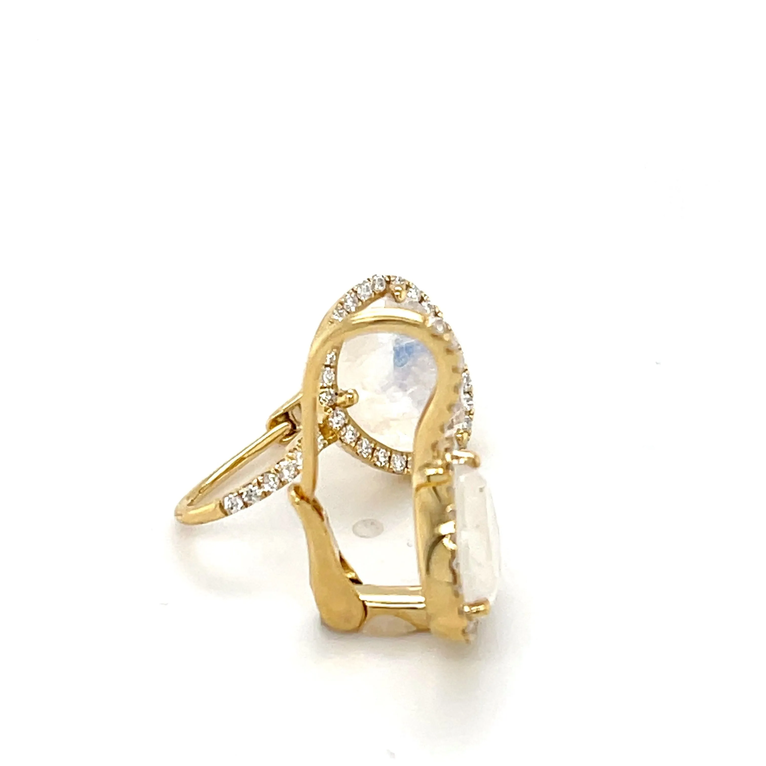 Faceted Moonstone and Diamond Halo Yellow Gold Lever Back Drop Earrings