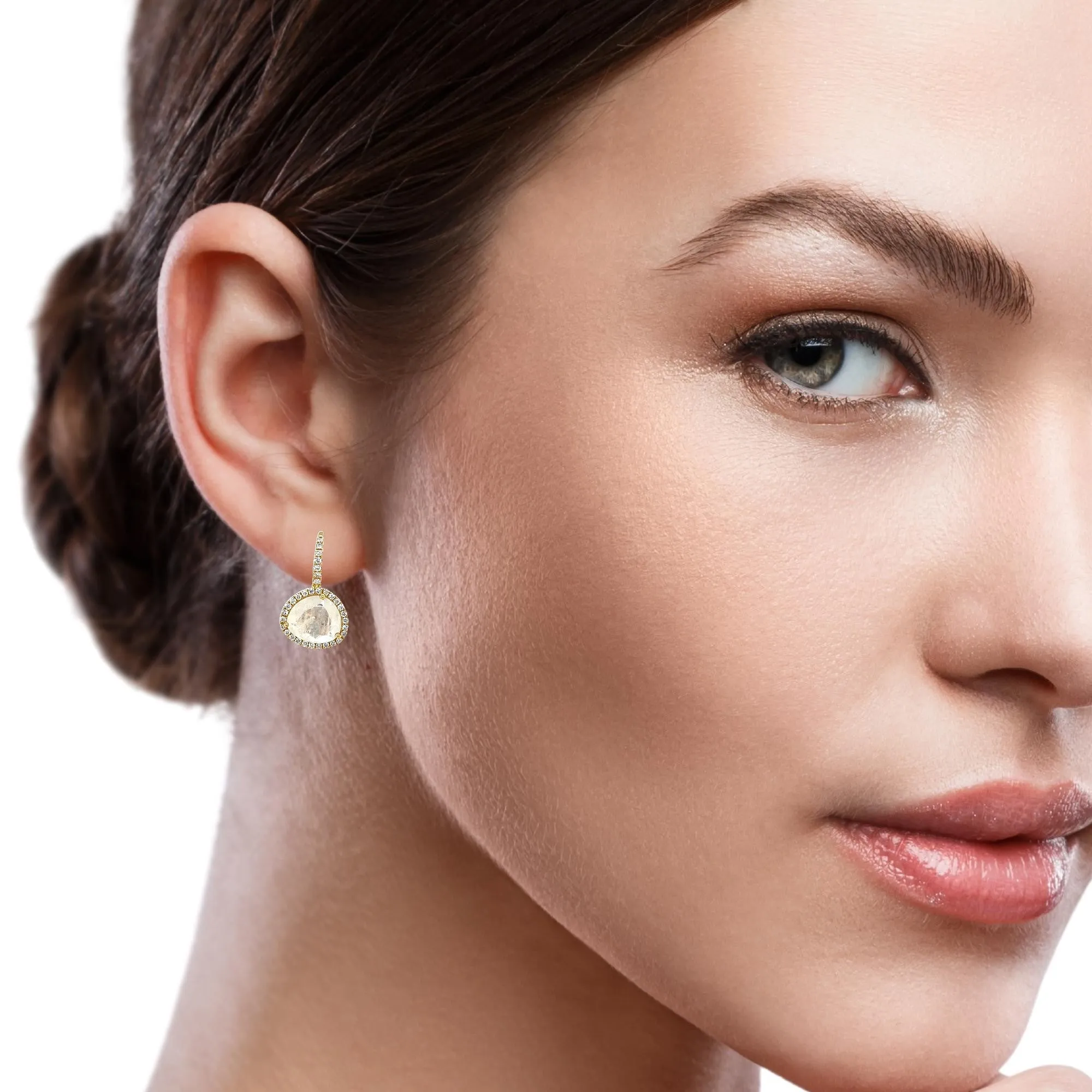 Faceted Moonstone and Diamond Halo Yellow Gold Lever Back Drop Earrings