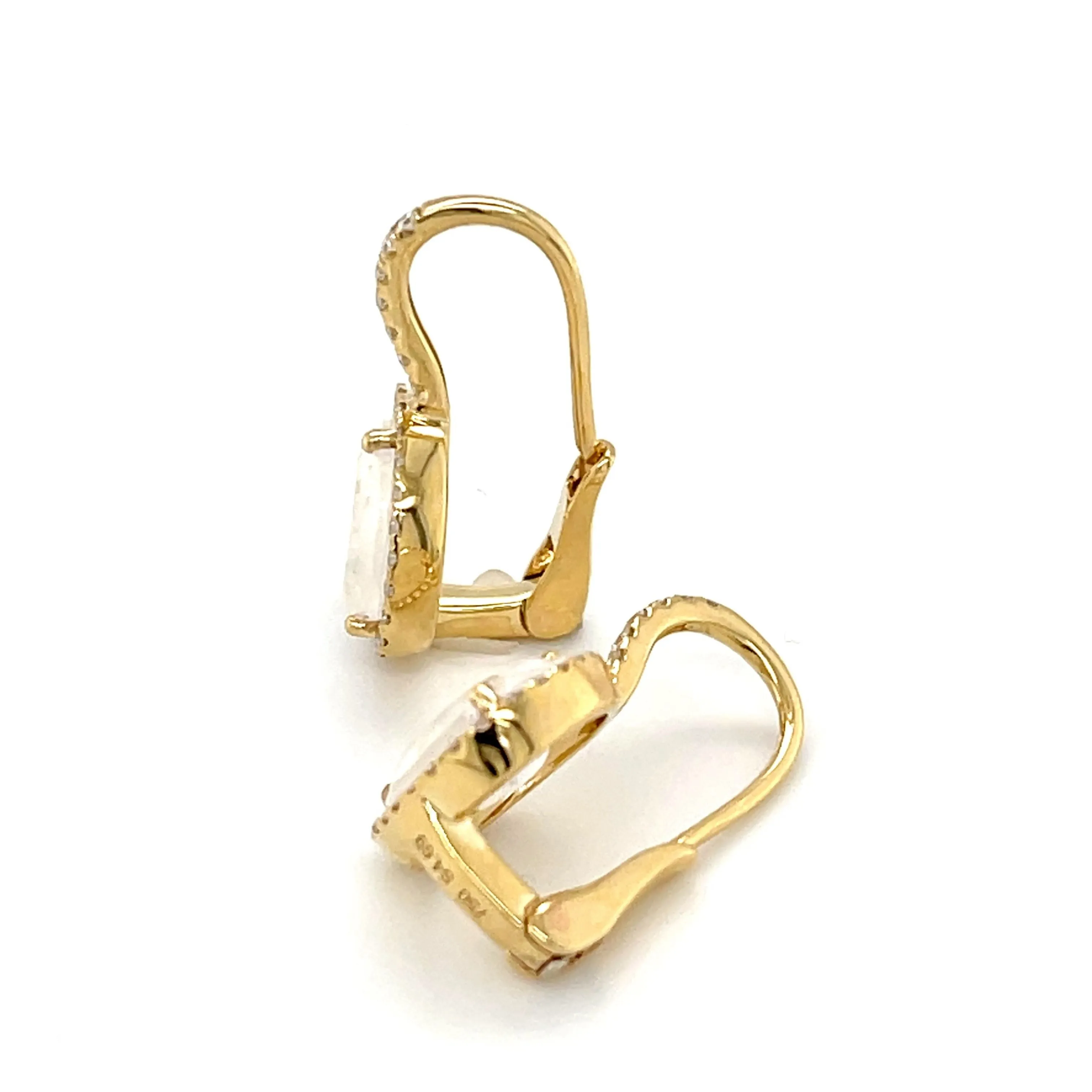 Faceted Moonstone and Diamond Halo Yellow Gold Lever Back Drop Earrings