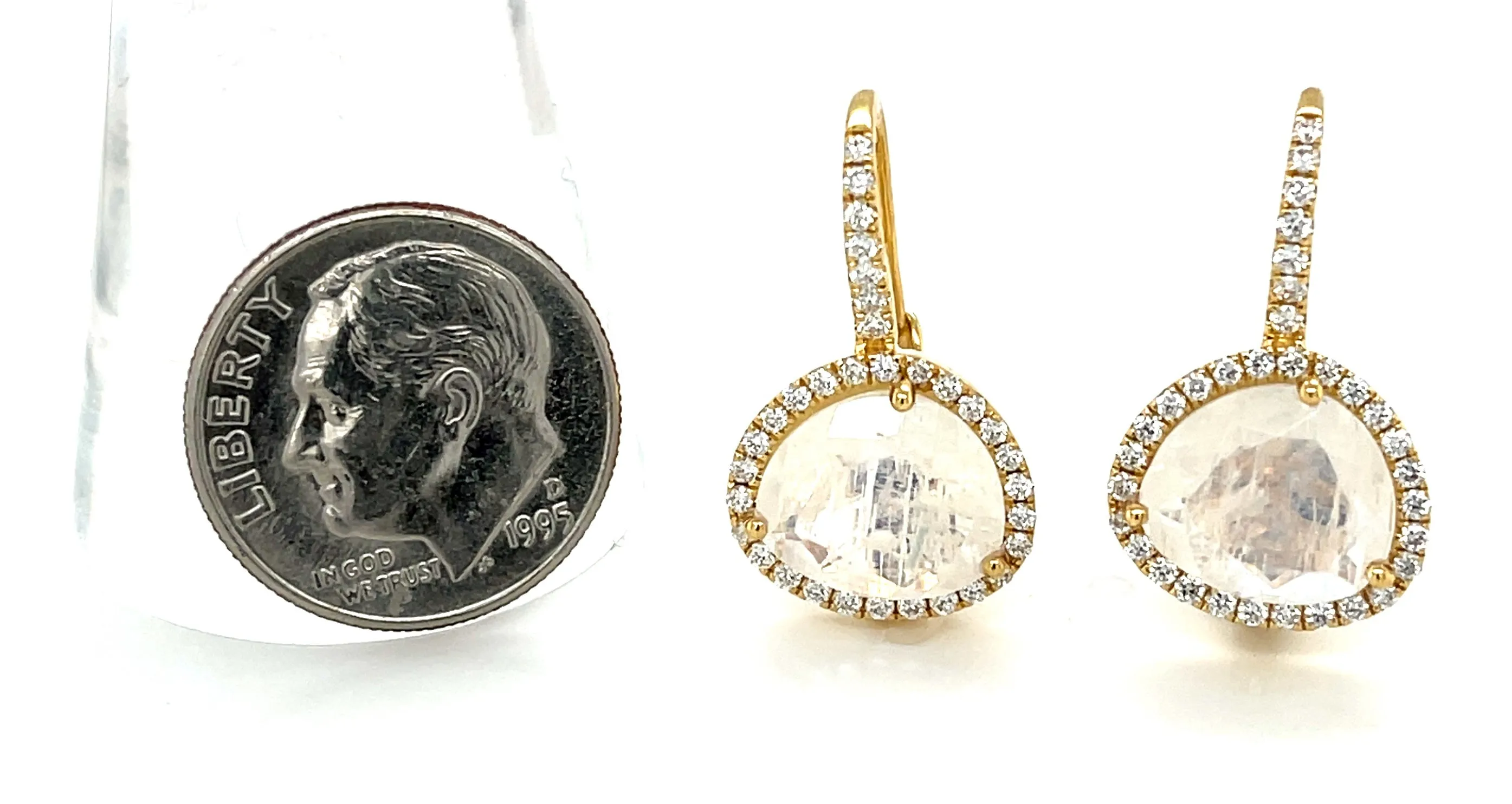 Faceted Moonstone and Diamond Halo Yellow Gold Lever Back Drop Earrings