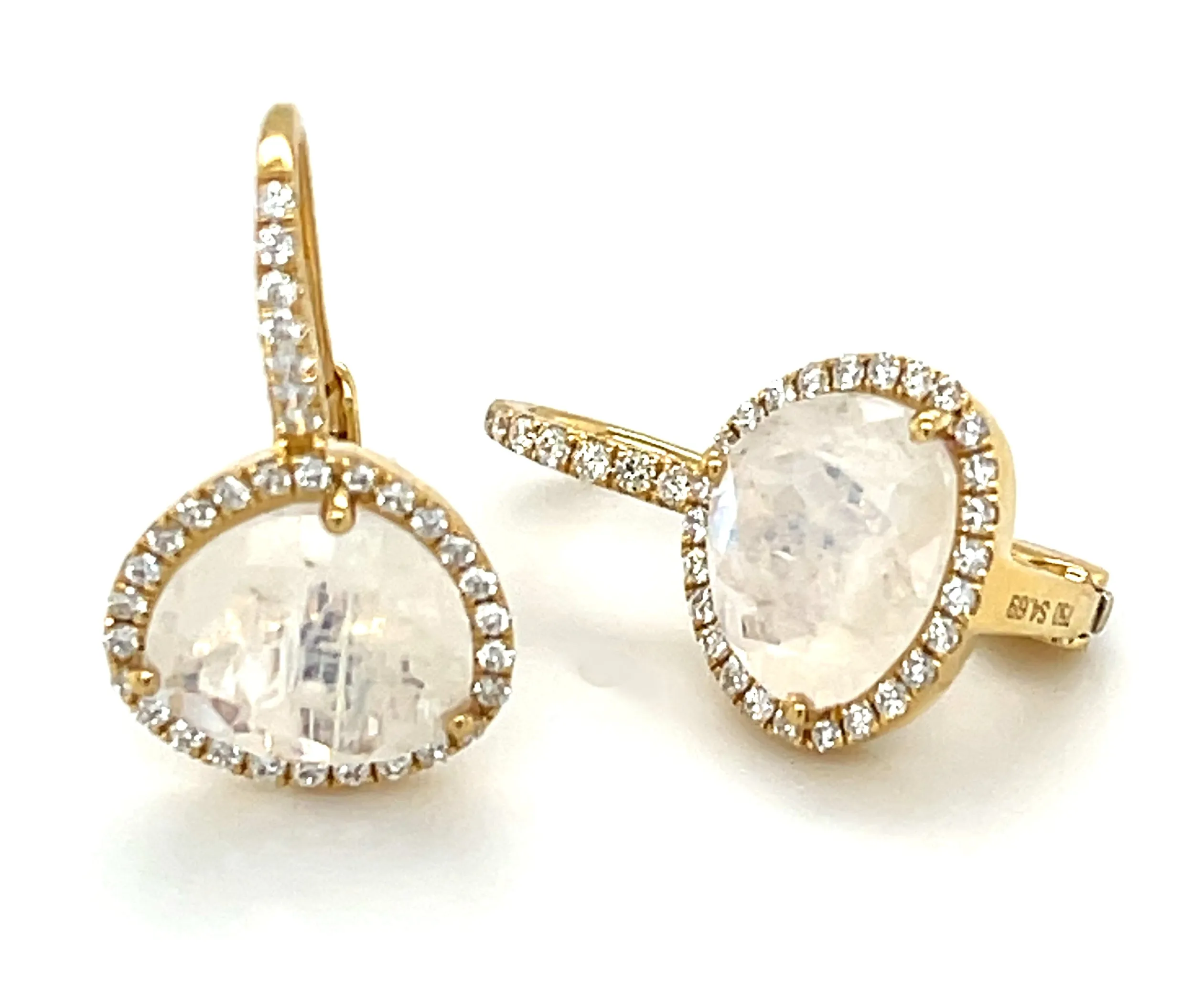 Faceted Moonstone and Diamond Halo Yellow Gold Lever Back Drop Earrings