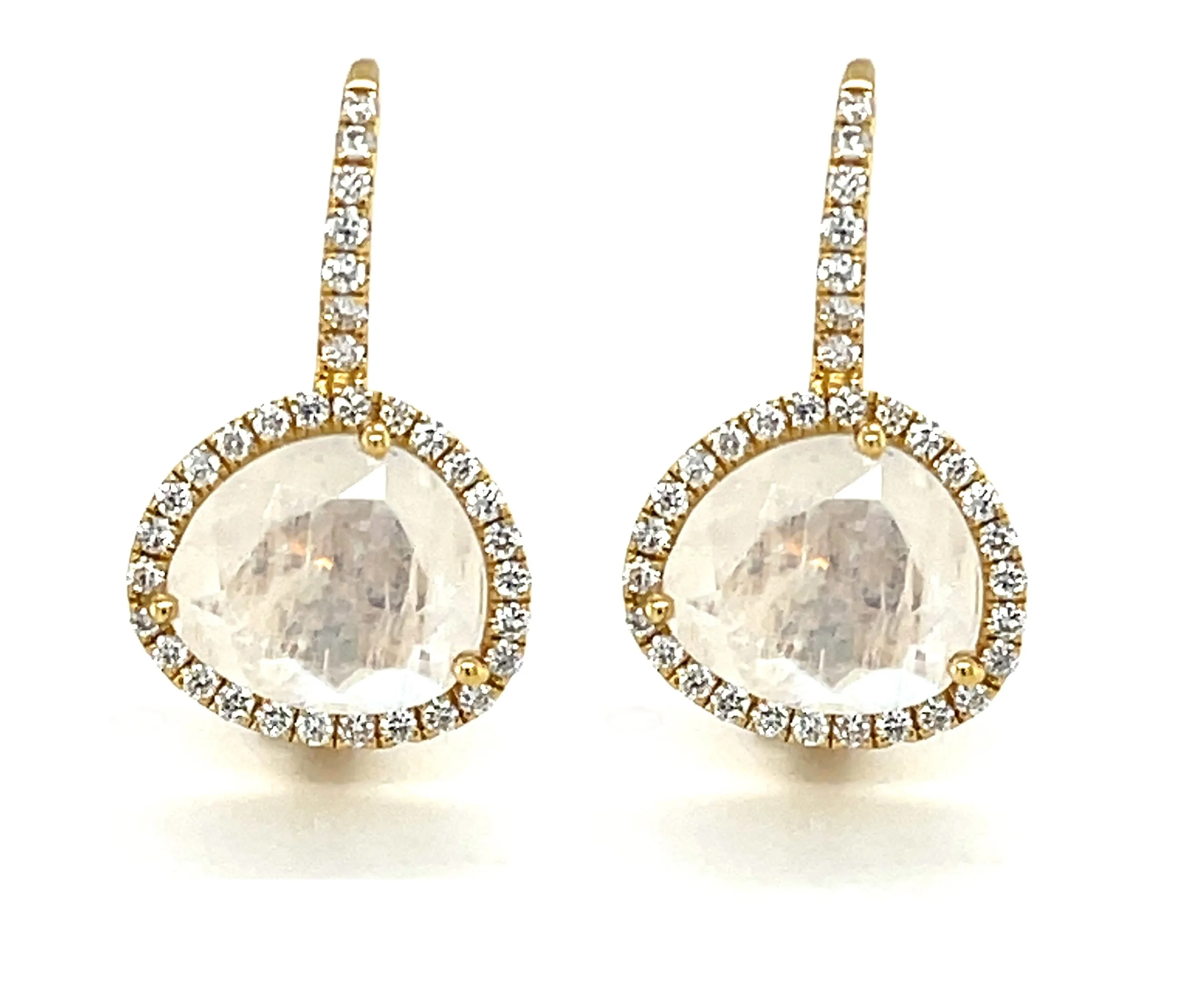 Faceted Moonstone and Diamond Halo Yellow Gold Lever Back Drop Earrings
