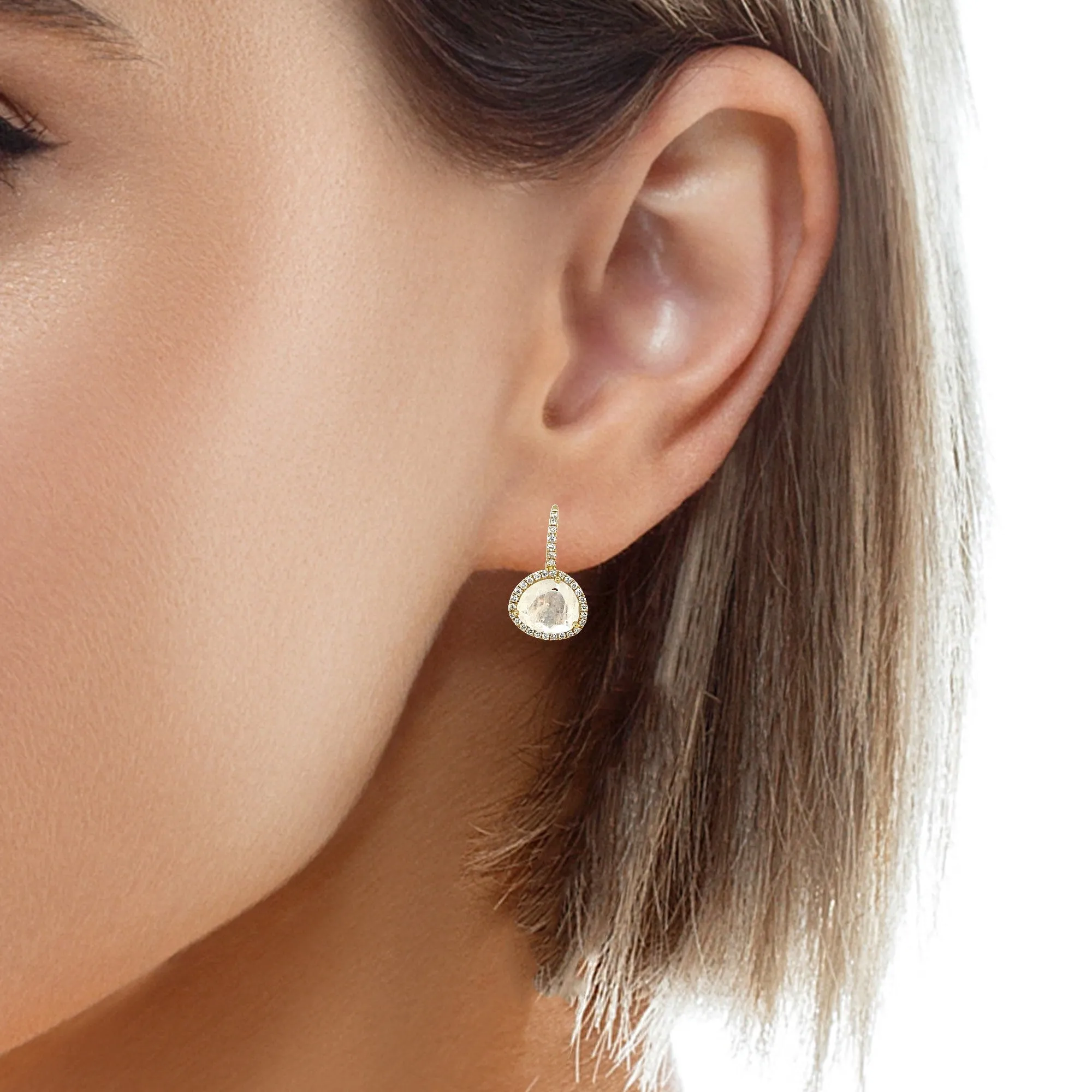Faceted Moonstone and Diamond Halo Yellow Gold Lever Back Drop Earrings