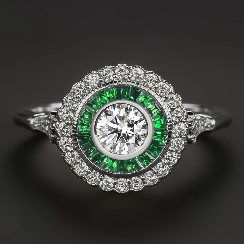 GIA CERTIFIED DIAMOND EMERALD COCKTAIL RING VINTAGE STYLE HALO 14k WHITE GOLD