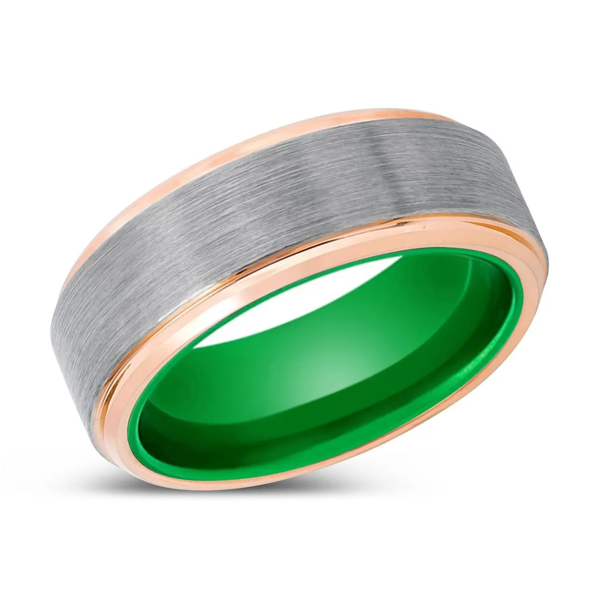 GIBBS | Green Ring, Silver Tungsten Ring, Brushed, Rose Gold Stepped Edge