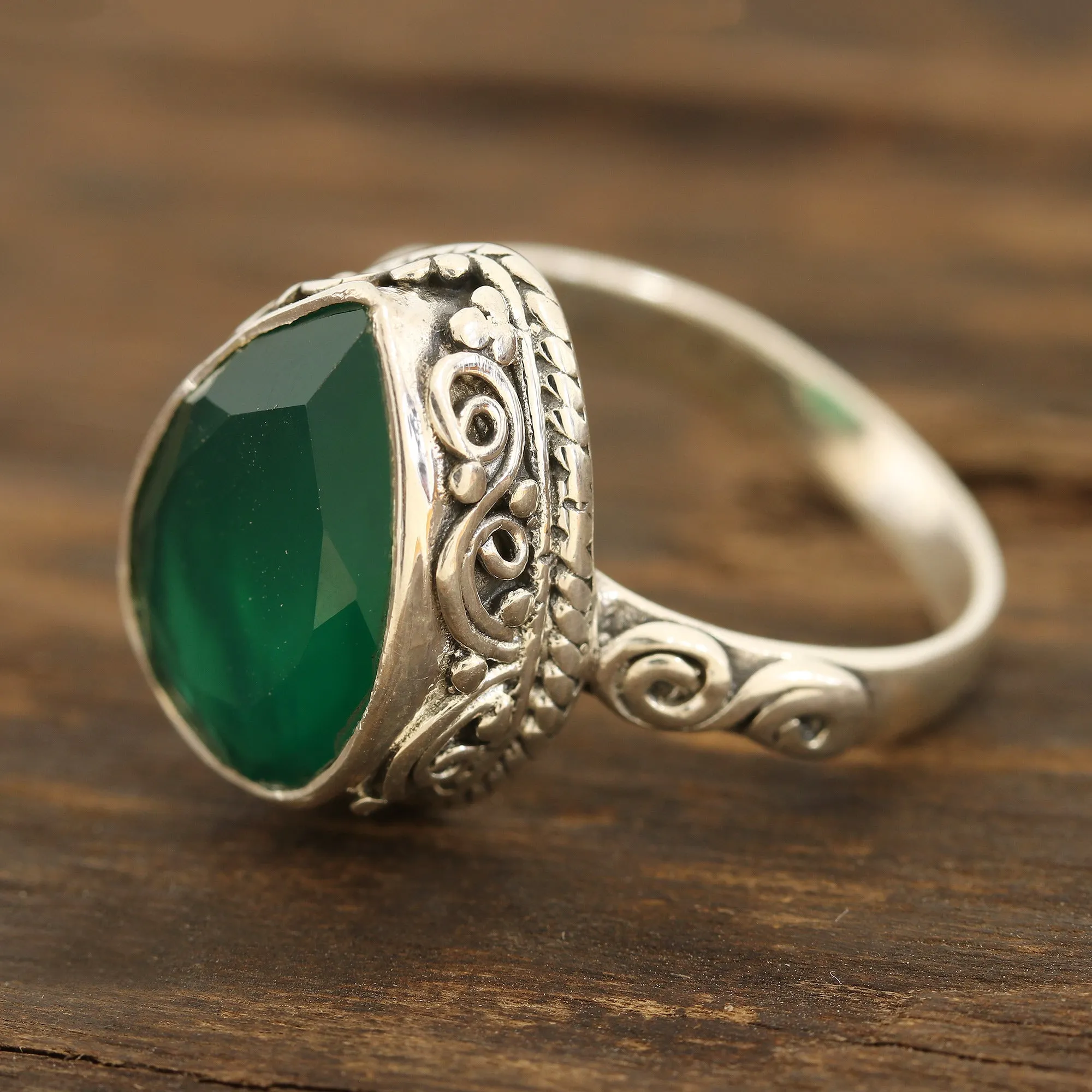 Glittering Green Onyx Cocktail Ring from India - Glittering Verdant Drop | NOVICA
