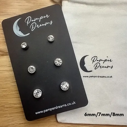 Hypoallergenic Stainless Steel Clear CZ Round Bezel Setting 3 Pairs Set