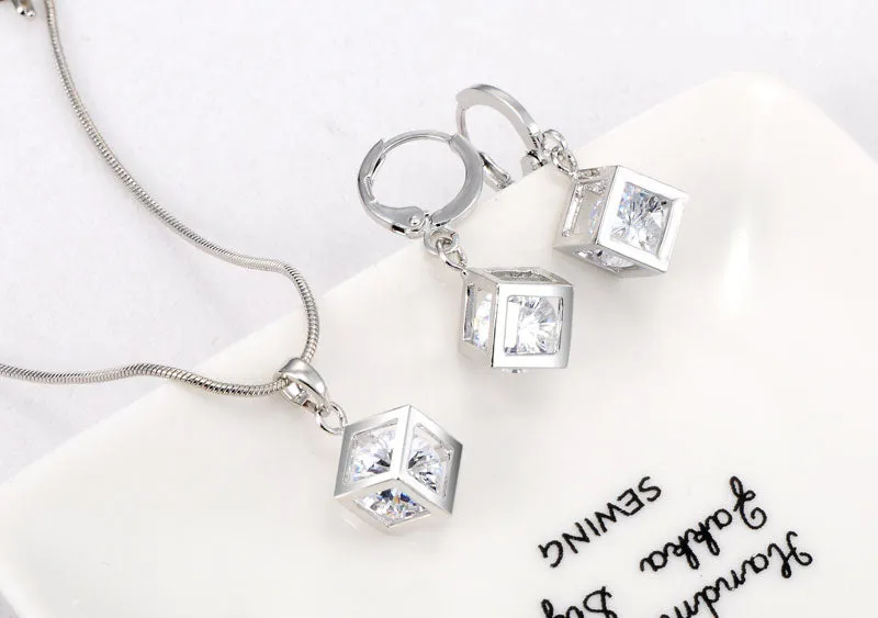 Jewelry Sets for Women Silver 8mm Cubic Zircon Necklace Hoop Earrings Bridal Jewelry Sets