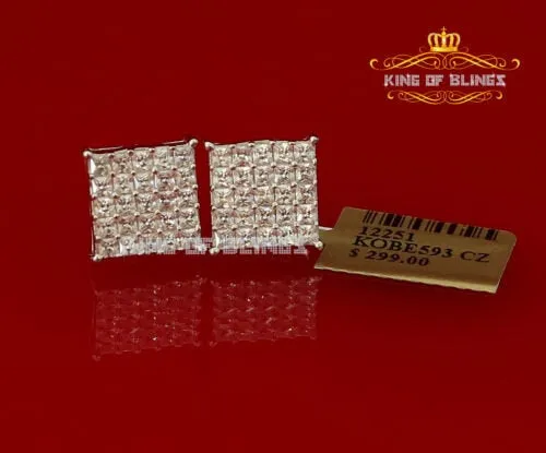 King of Blings- 925 White Silver Screw Back 2.25ct Cubic Zirconia Women Hip Hop Square Earrings