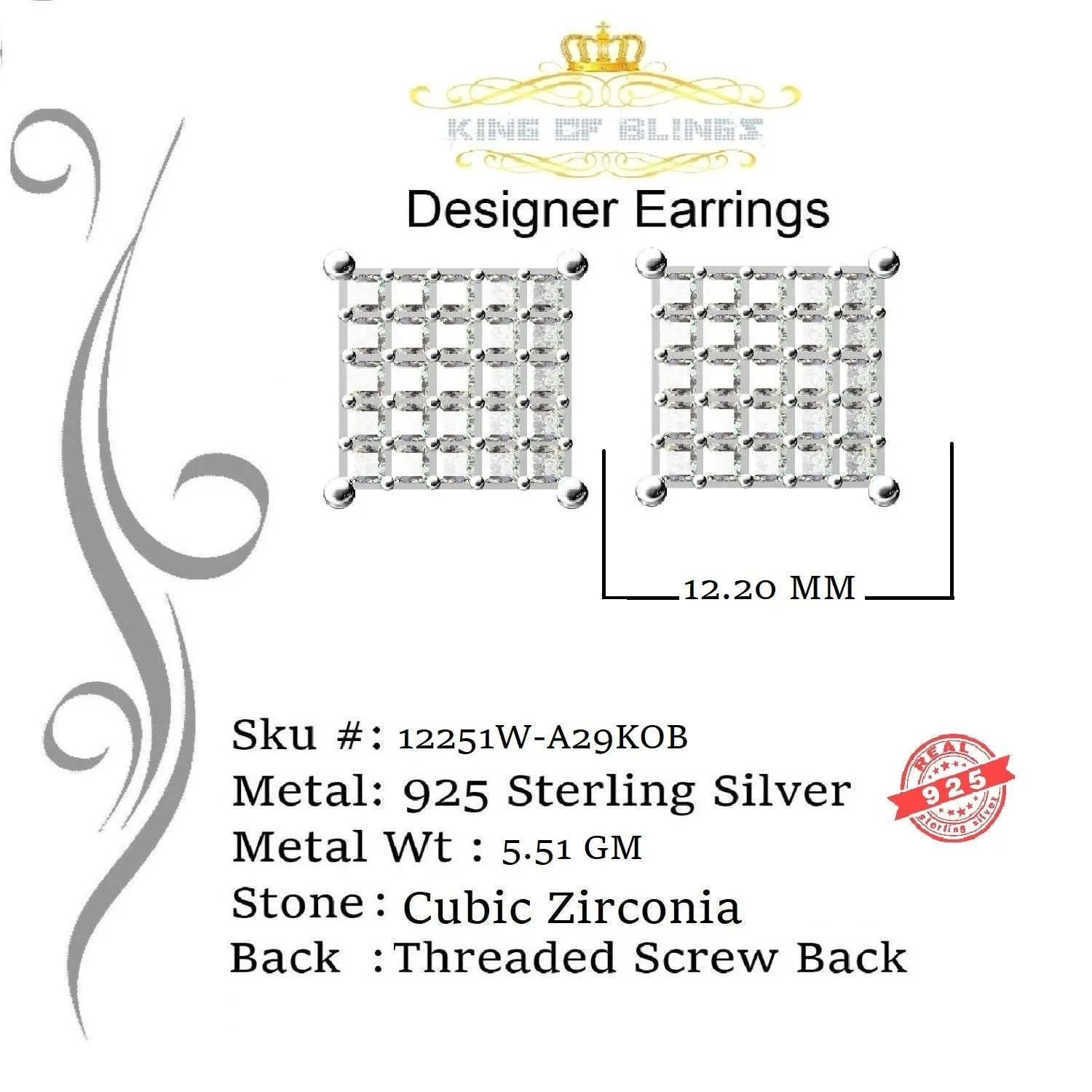 King of Blings- 925 White Silver Screw Back 2.25ct Cubic Zirconia Women Hip Hop Square Earrings