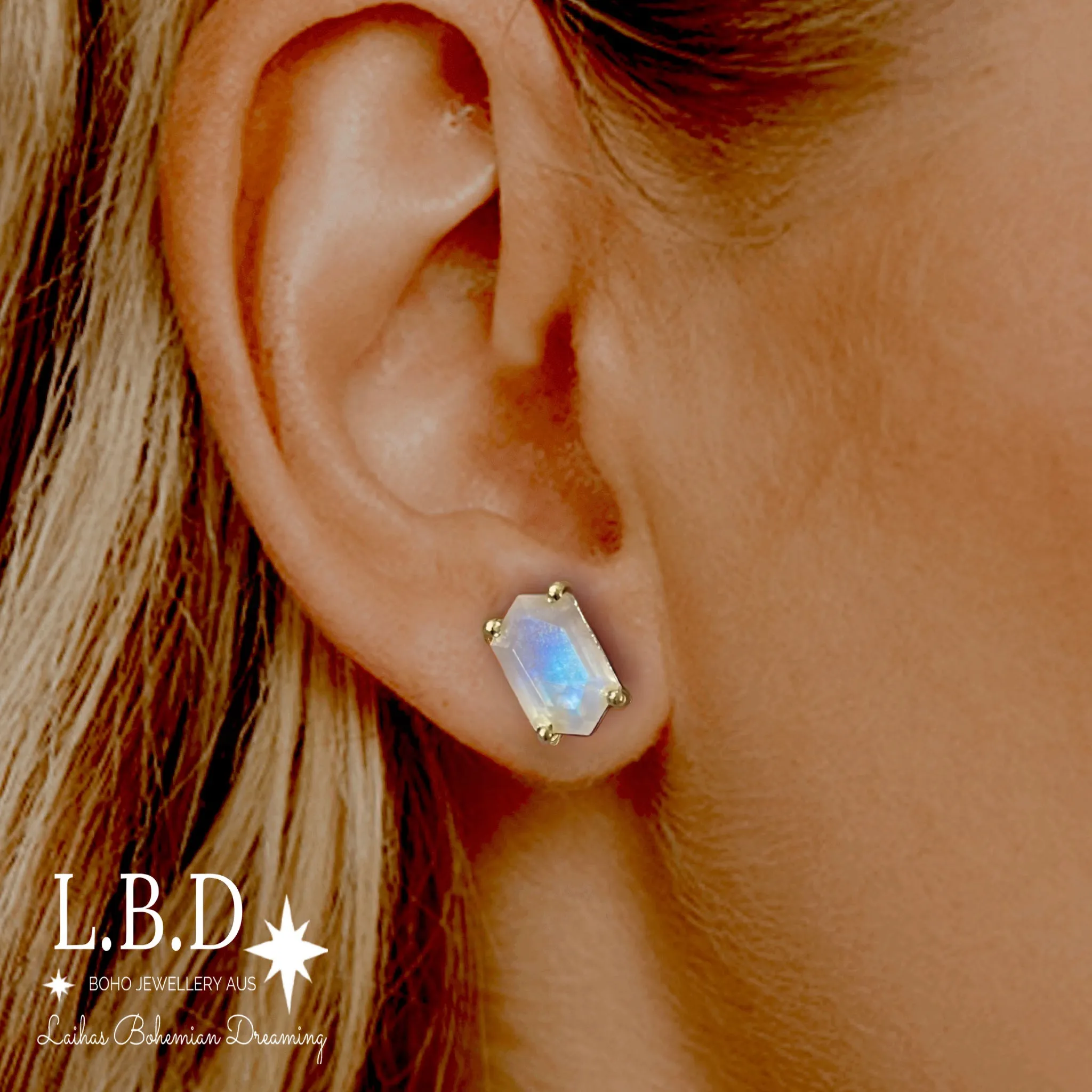 Laihas Miraculous Hexagon Moonstone Gold Stud Earrings