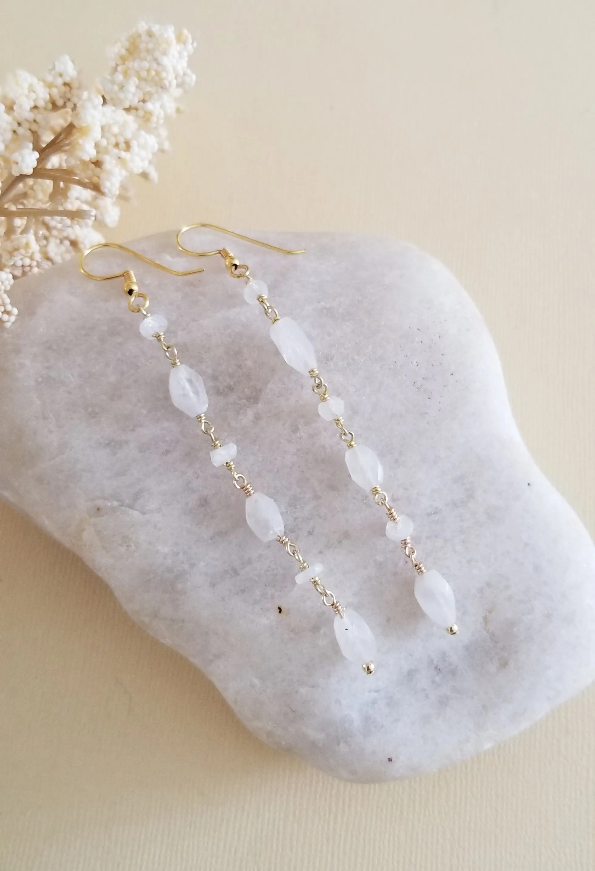 Long Gold Moonstone Earrings, Lightweight Gemstone Earrings