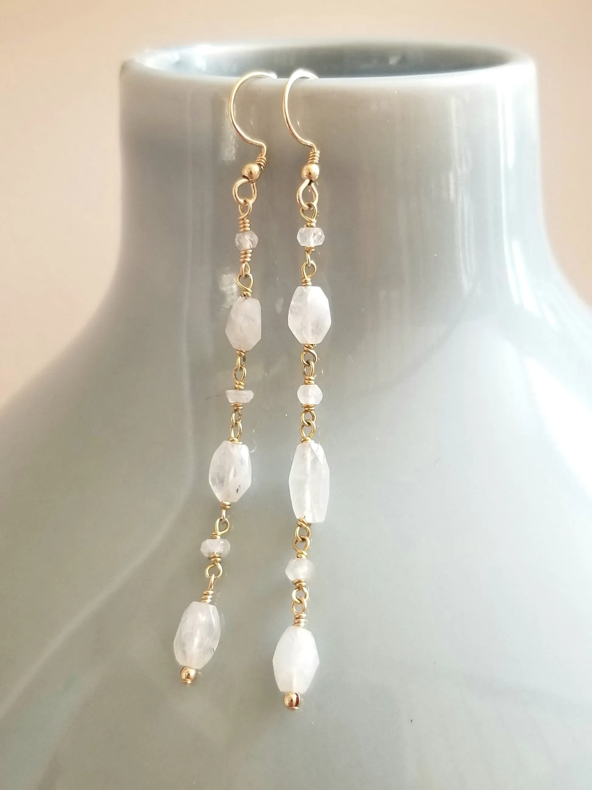 Long Gold Moonstone Earrings, Lightweight Gemstone Earrings
