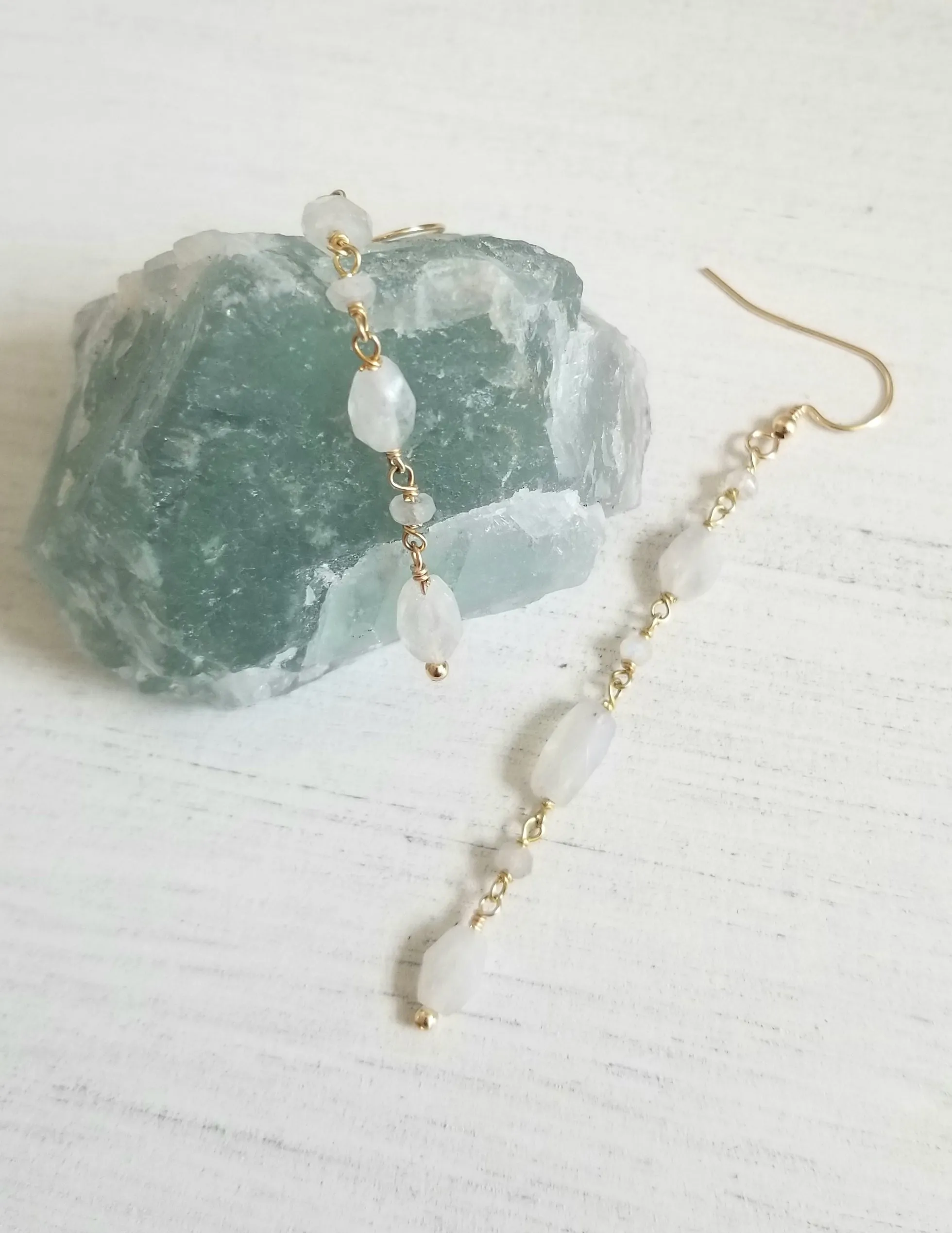 Long Gold Moonstone Earrings, Lightweight Gemstone Earrings