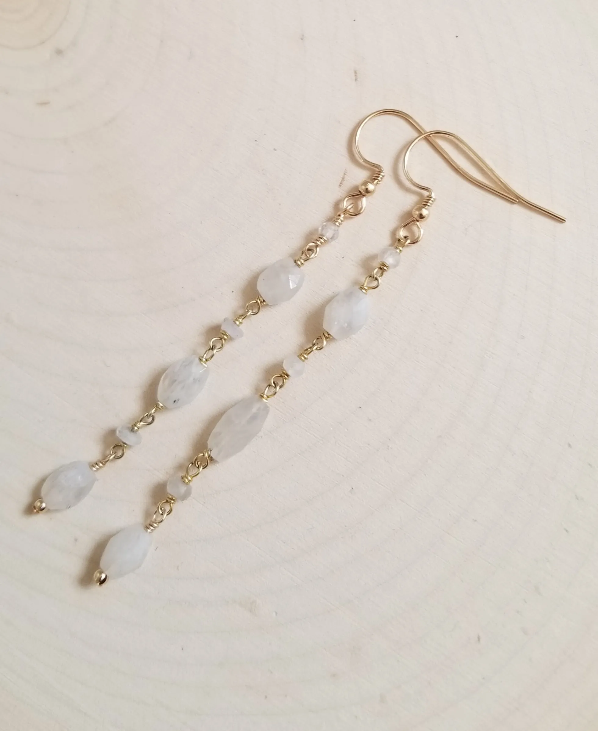 Long Gold Moonstone Earrings, Lightweight Gemstone Earrings
