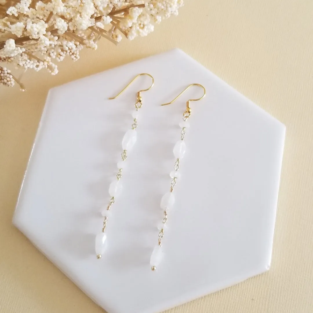 Long Gold Moonstone Earrings, Lightweight Gemstone Earrings