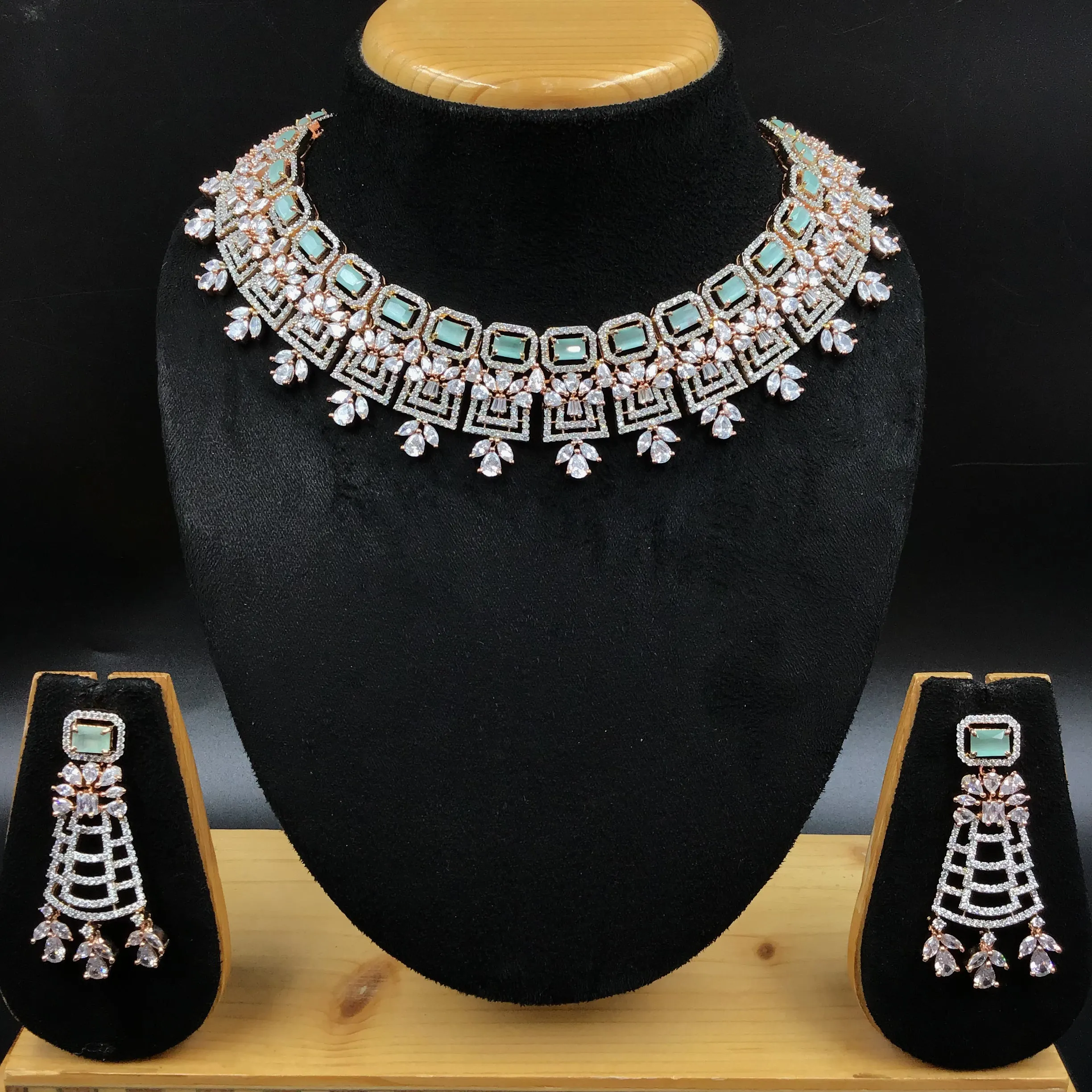 Mint Green Zircon/AD Necklace Set 12287-8687