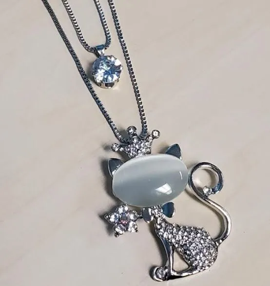 N510 Silver Moonstone Cat with Crown Necklace with FREE Earrings
