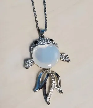 N608 Silver Rhinestone & Moonstone Fish Necklace with FREE Earrings