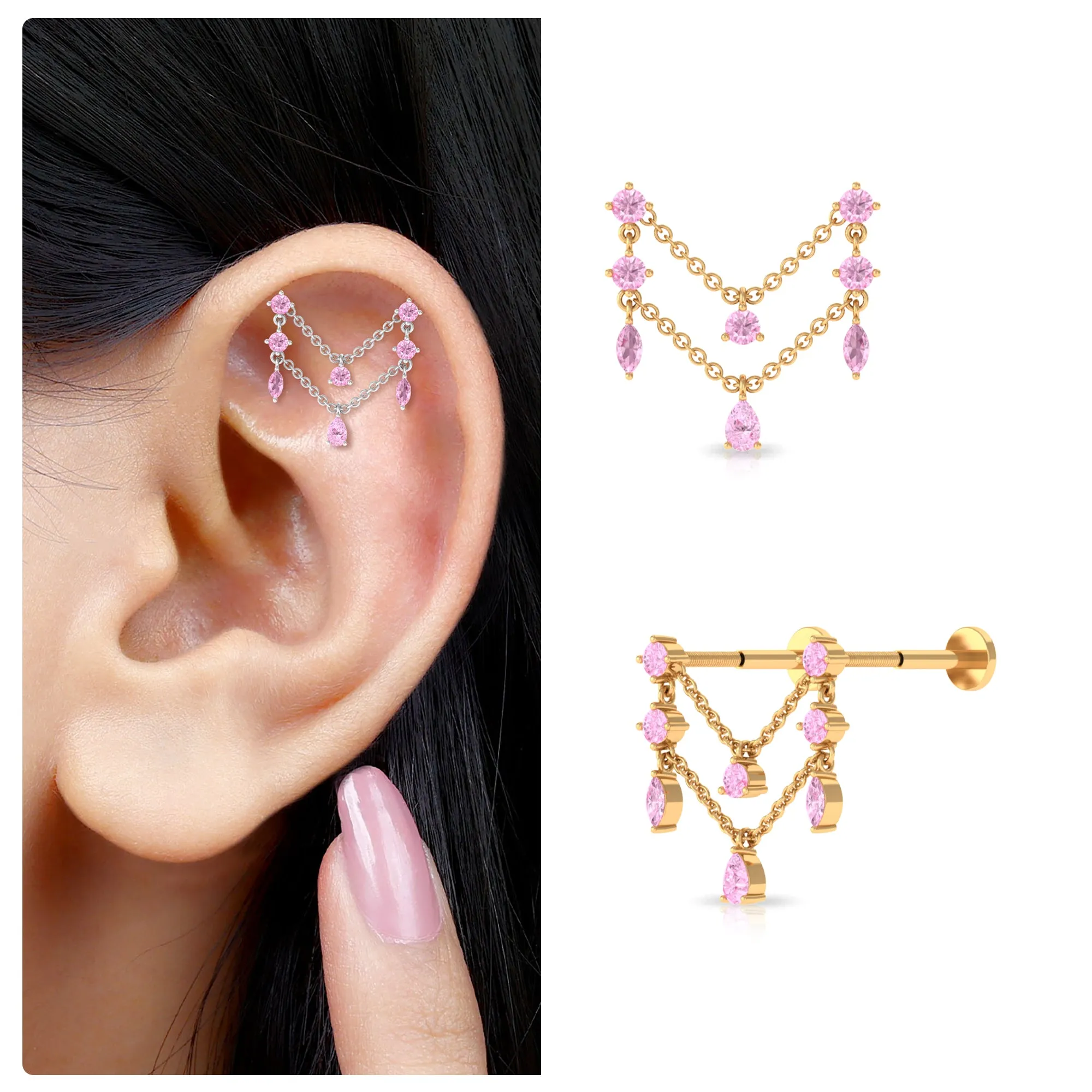 Natural Pink Sapphire Chain Double Piercing Earring