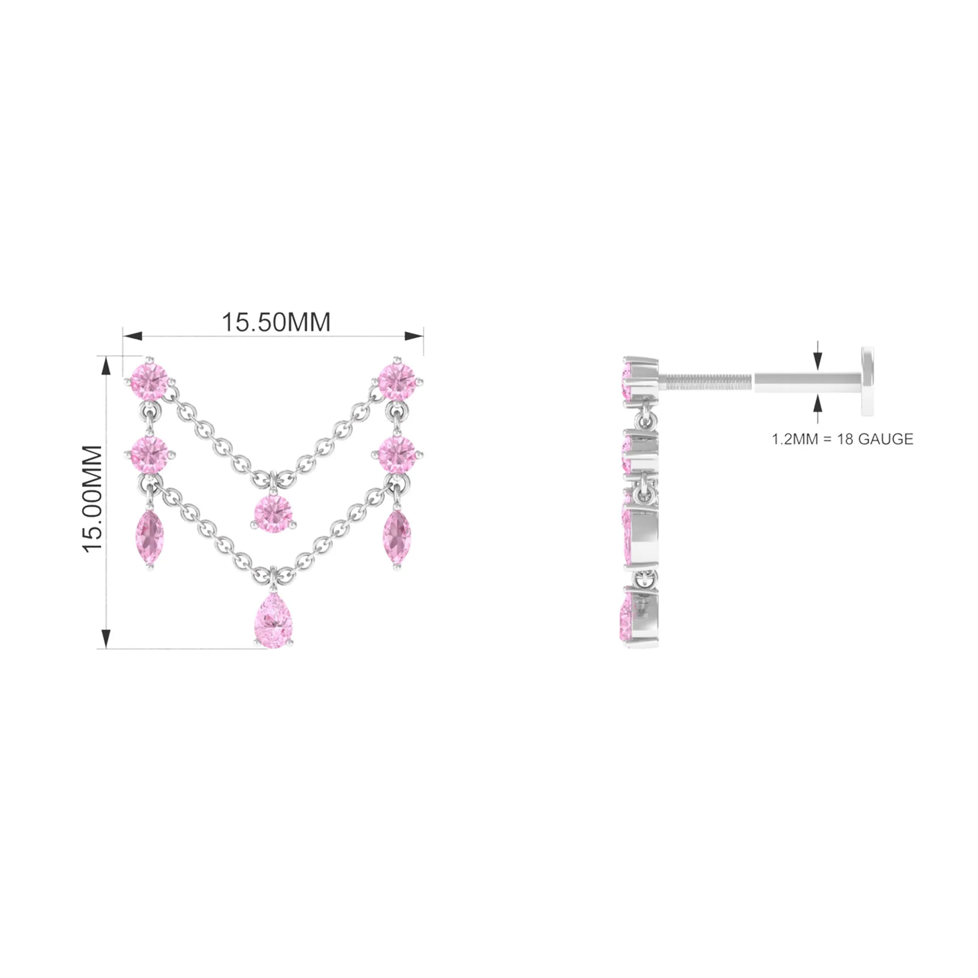 Natural Pink Sapphire Chain Double Piercing Earring