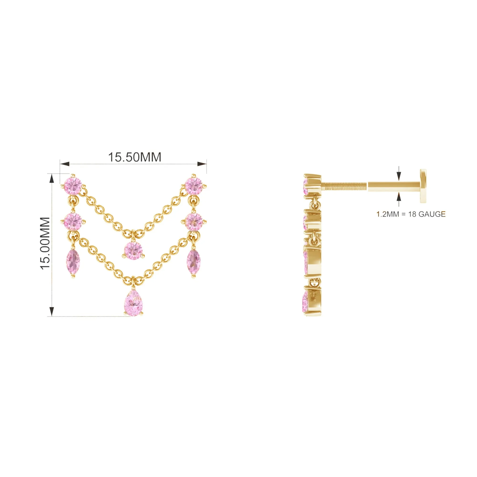 Natural Pink Sapphire Chain Double Piercing Earring