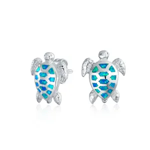 Nautical Beach Vacation Opal Sea Turtle Stud Earrings Sterling Silver 13MM