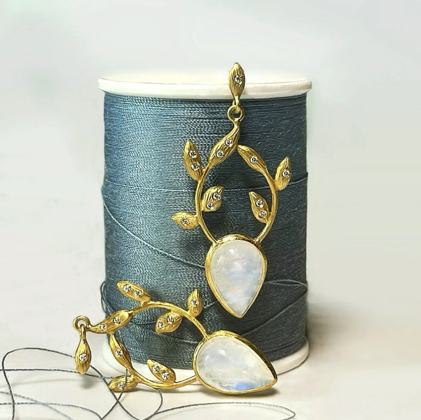 Rainbow Moonstone Leaf Top Earrings by Laurie Kaiser