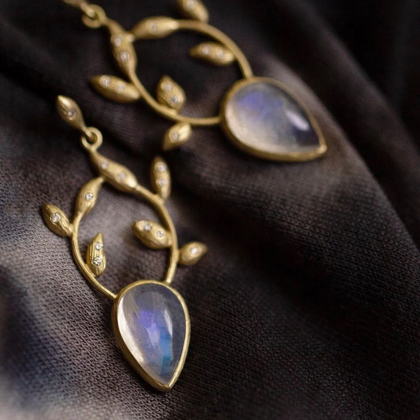 Rainbow Moonstone Leaf Top Earrings by Laurie Kaiser