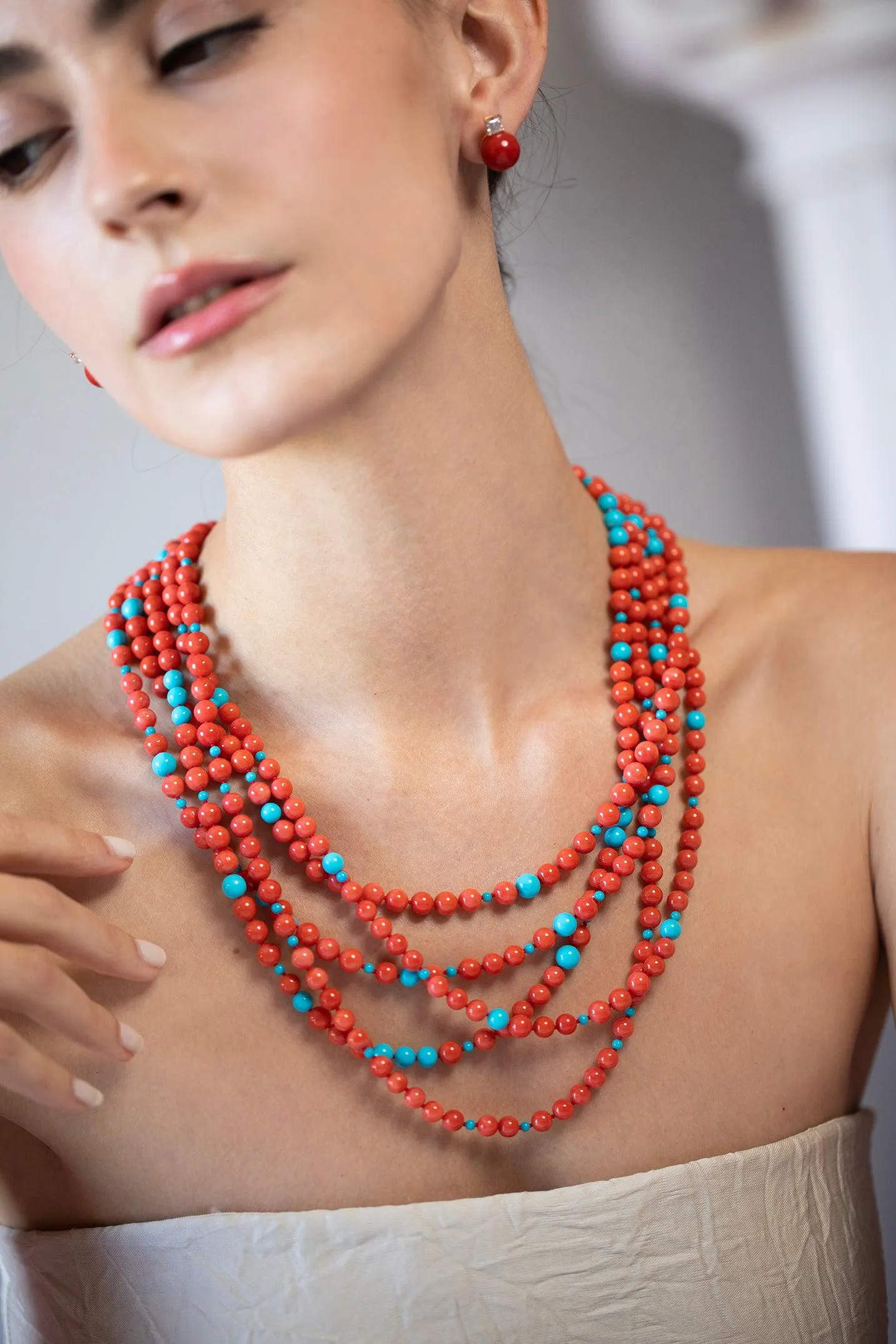 Sardinian Coral Turquoise Bead Necklace