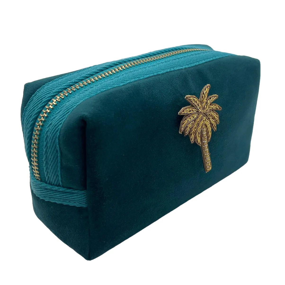 Teal make-up bag & gold palm tree - recycled velvet