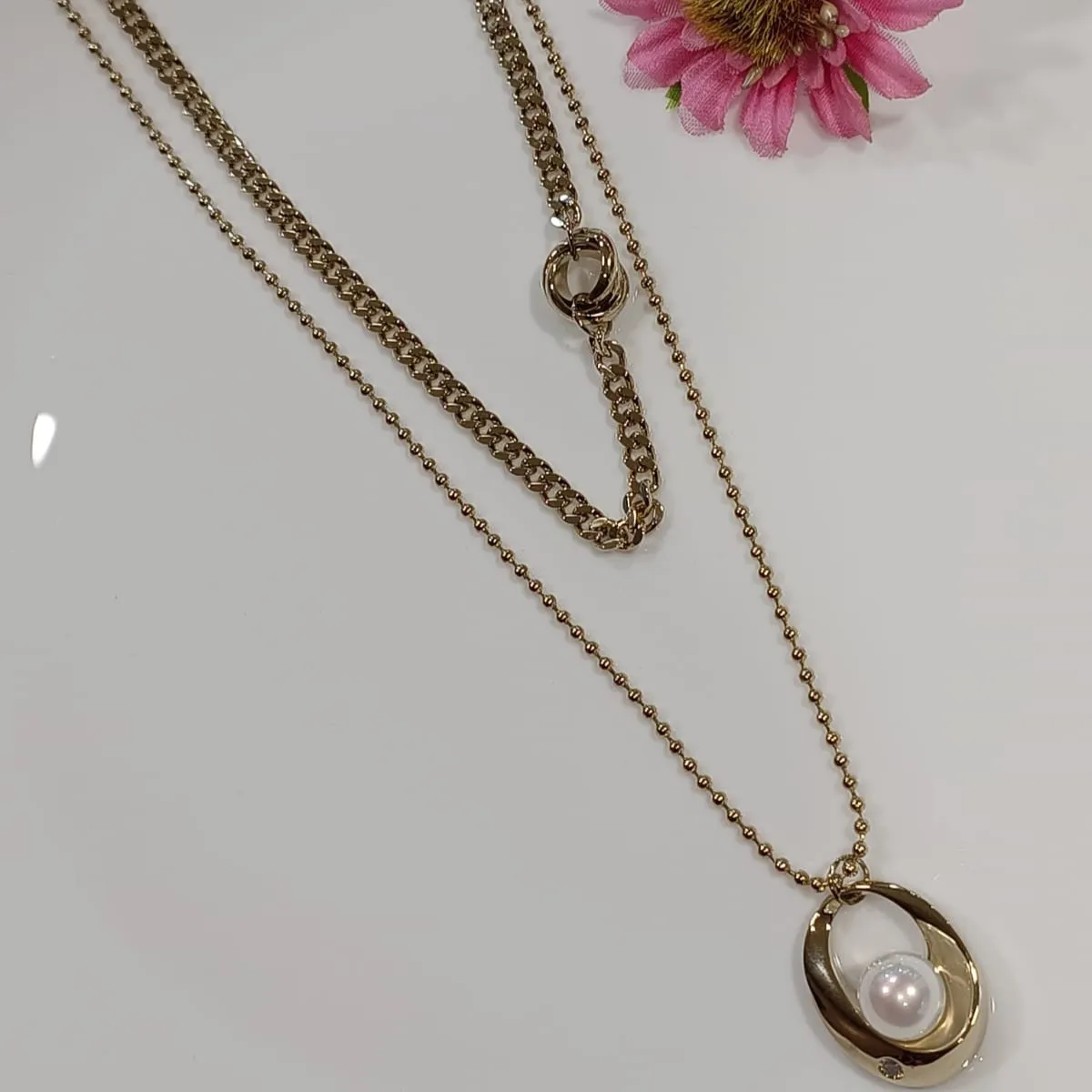 Two Layer Pearl Pendent Long Chain Necklace