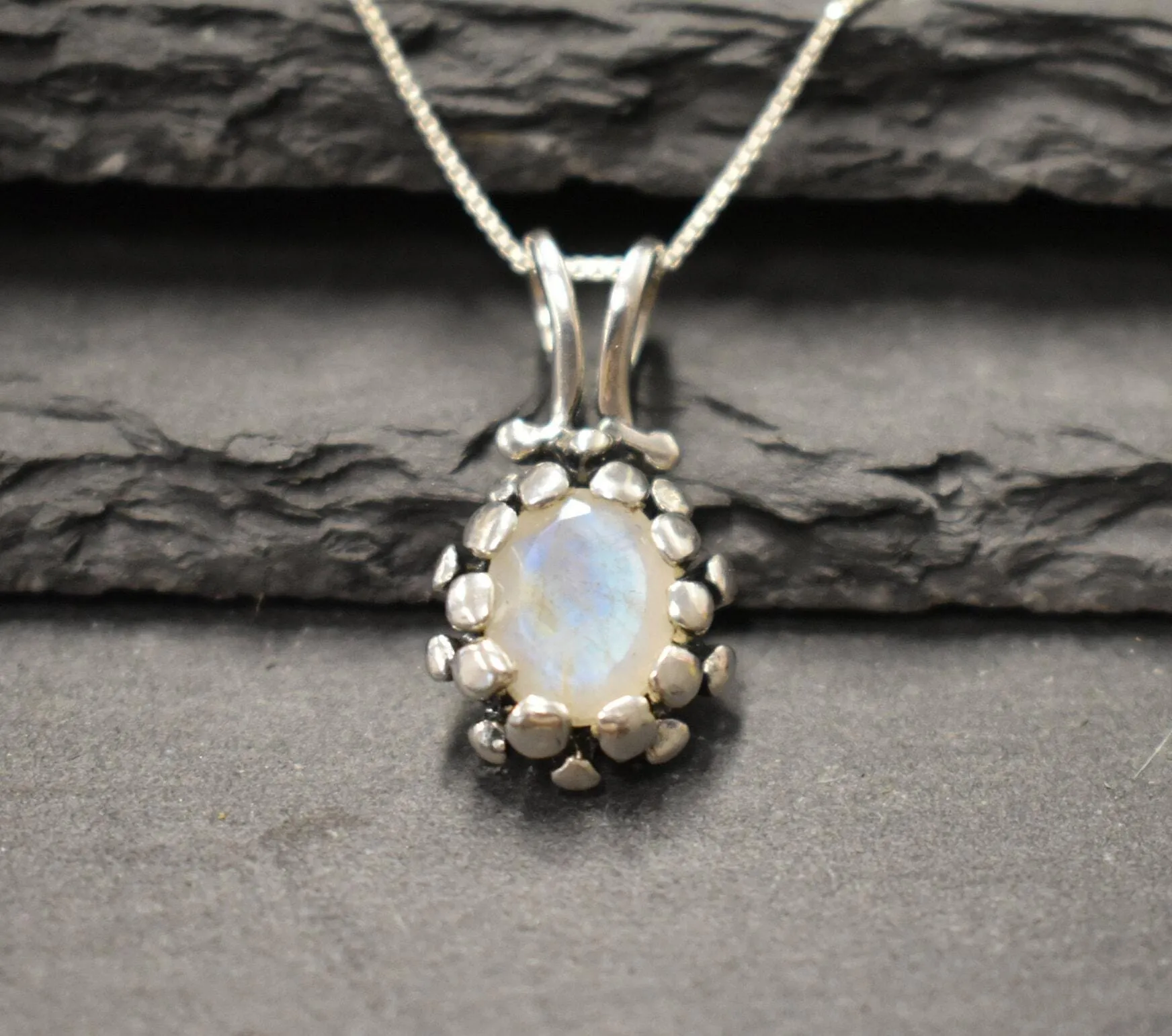 Vintage Moonstone Pendant - Real Rainbow Moonstone Necklace - June Birthstone Necklace