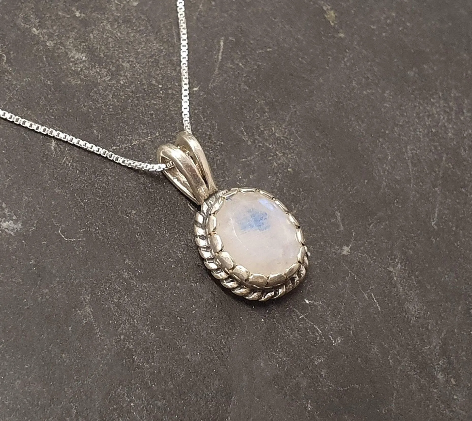 Vintage Moonstone Pendant - Real Rainbow Moonstone Necklace - Victorian Silver Necklace